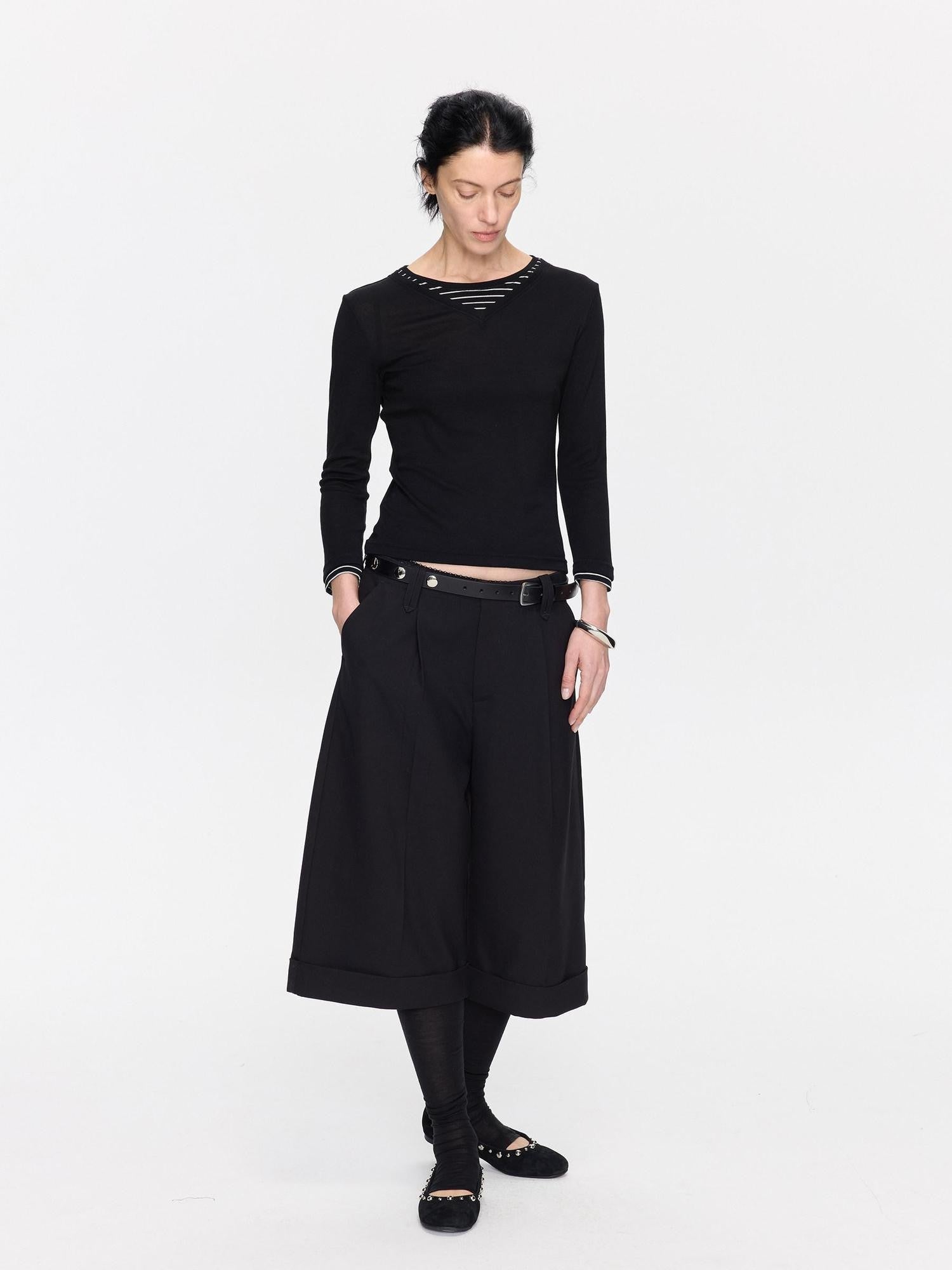 LYUOCHENG Black Patchwork Faux Two Piece V-neck Women&