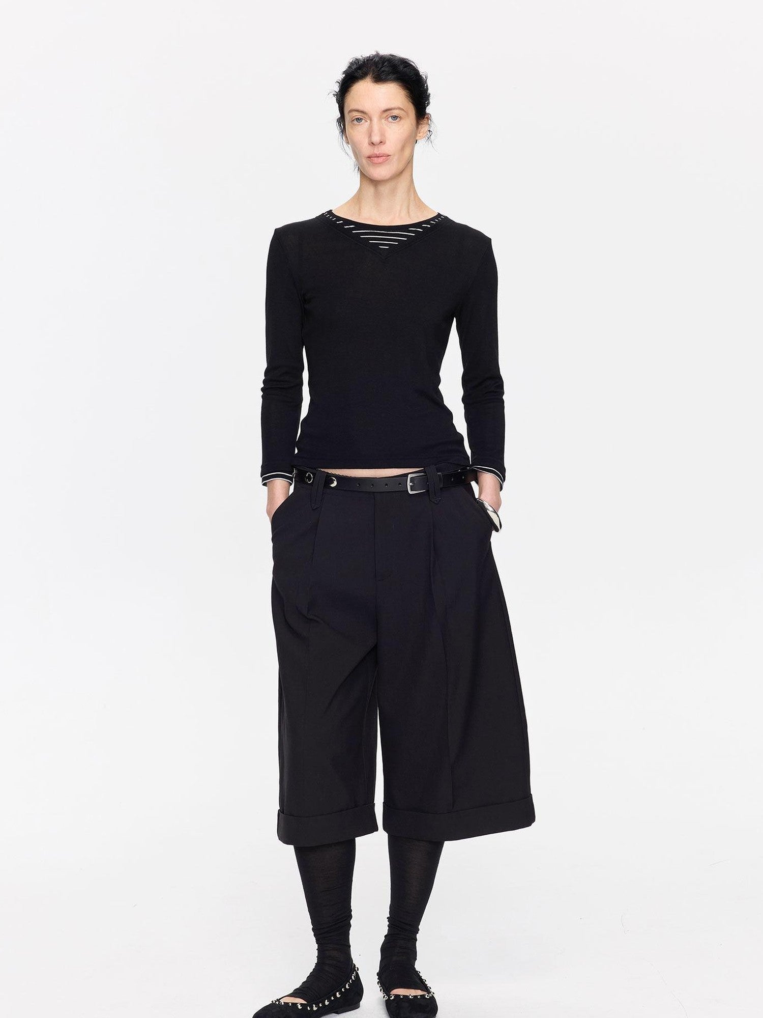 LYUOCHENG Black Patchwork Faux Two Piece V-neck Women&
