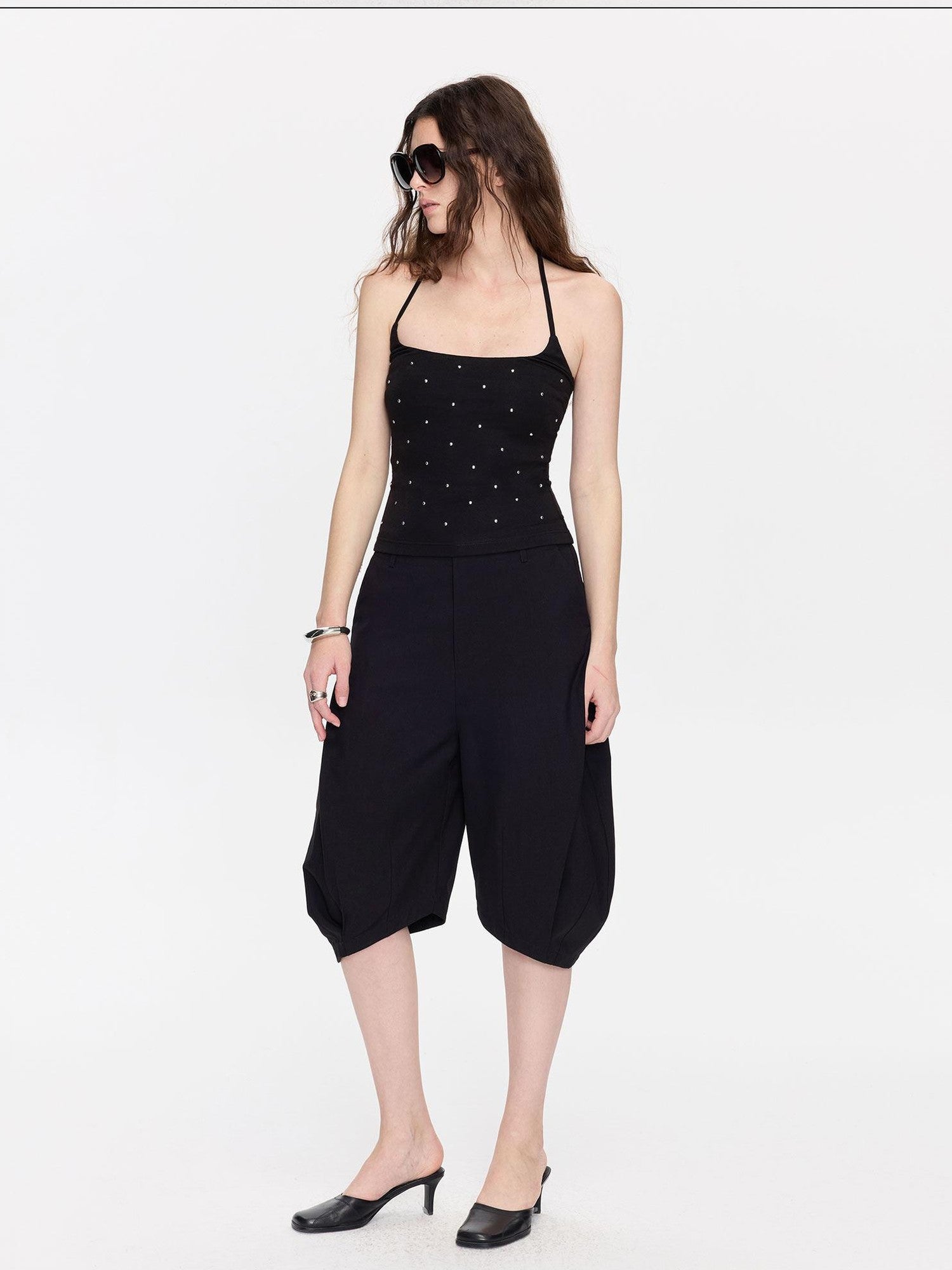 LYUOCHENG Black Rhinestone U Neck Slim Cropped Women&