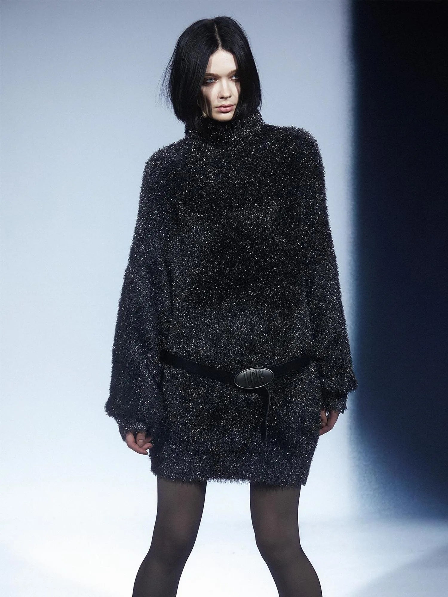 LYUOCHENG Black Silver Glitter Feather Yarn High Neck Oversized Knit Sweater