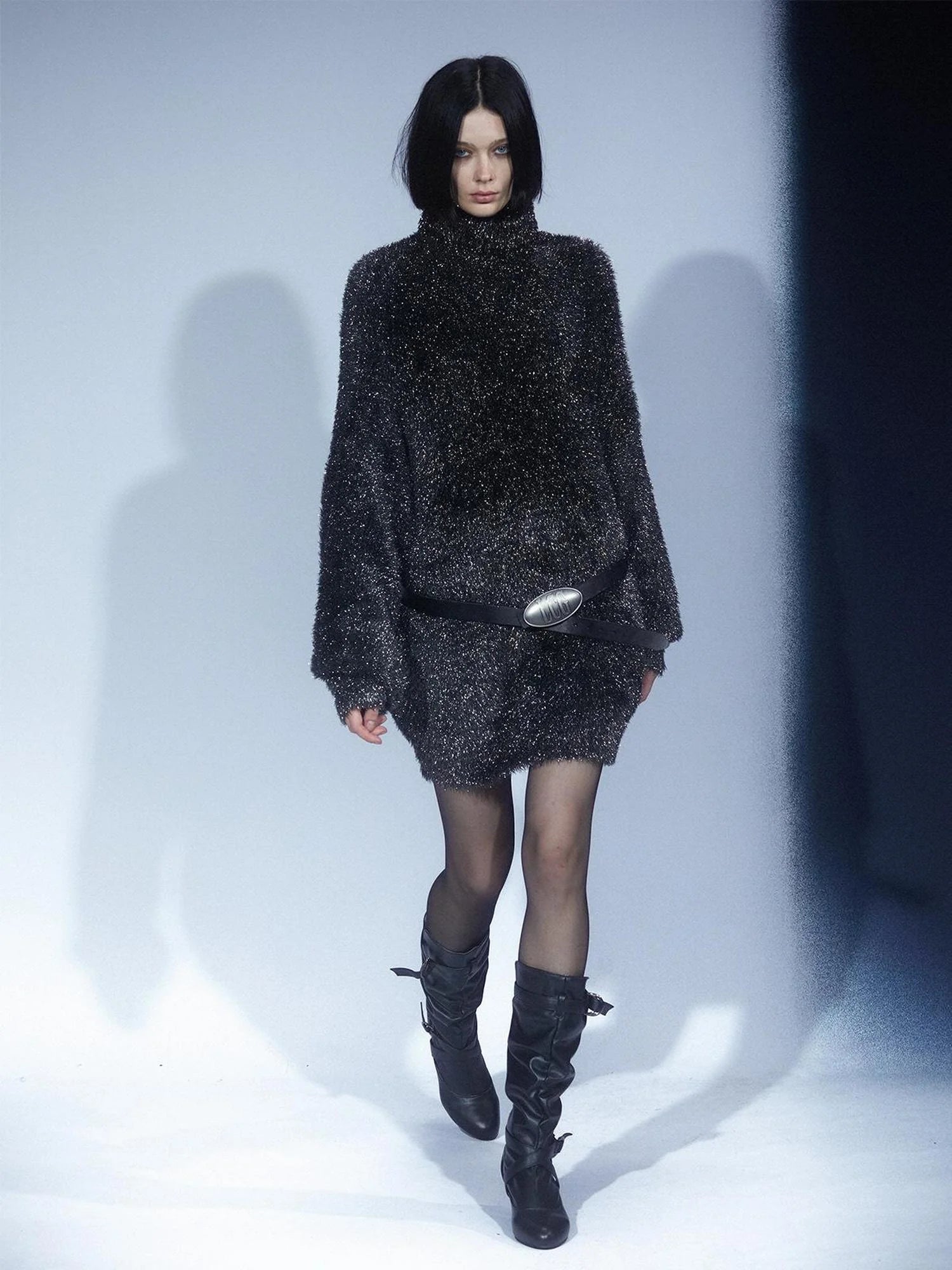 LYUOCHENG Black Silver Glitter Feather Yarn High Neck Oversized Knit Sweater