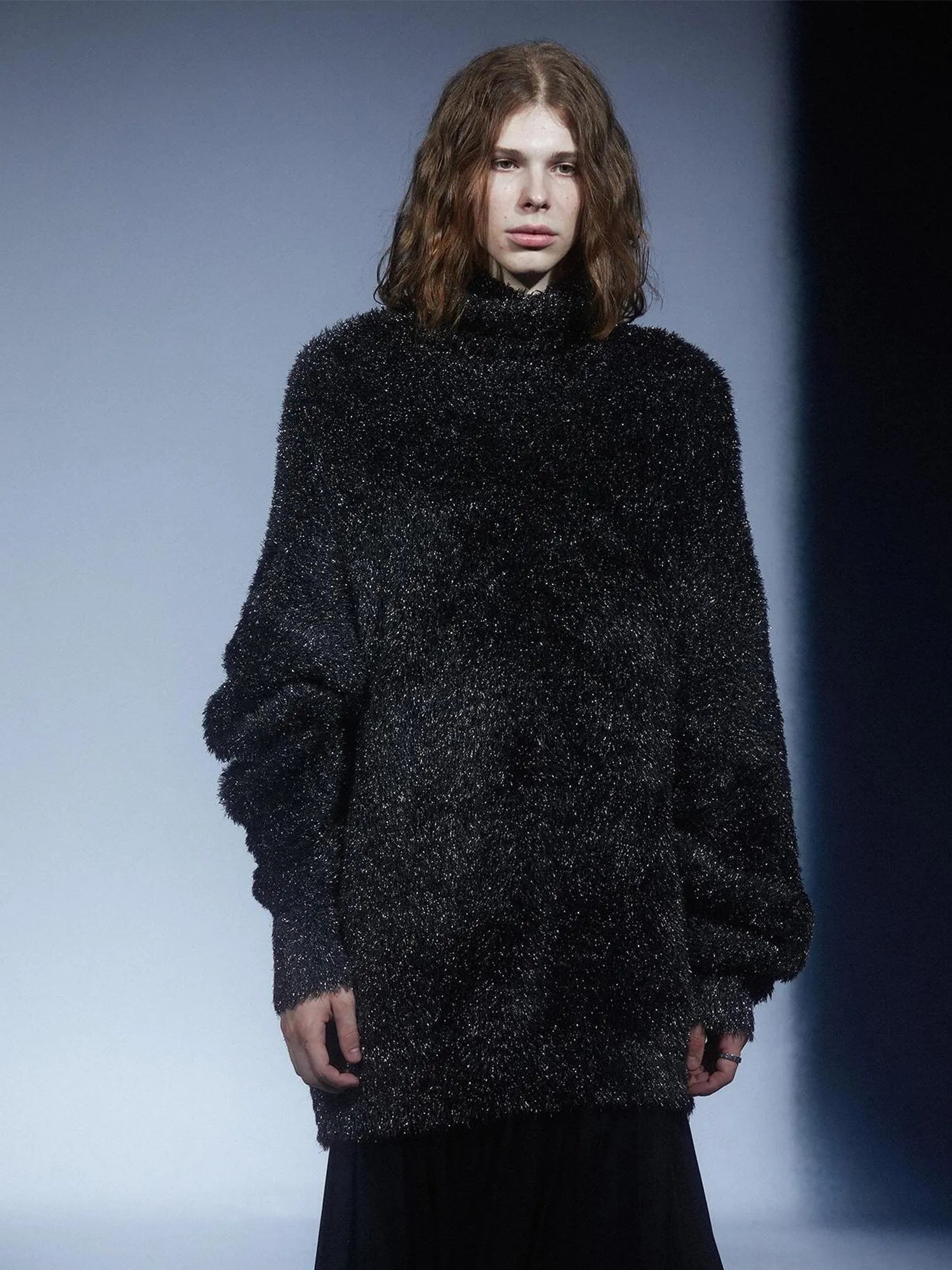 LYUOCHENG Black Silver Glitter Feather Yarn High Neck Oversized Knit Sweater