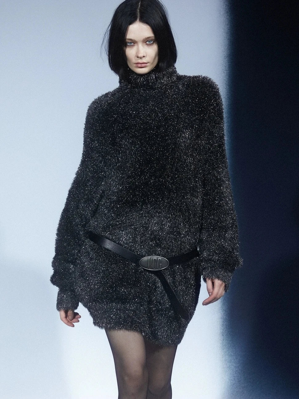 LYUOCHENG Black Silver Glitter Feather Yarn High Neck Oversized Knit Sweater