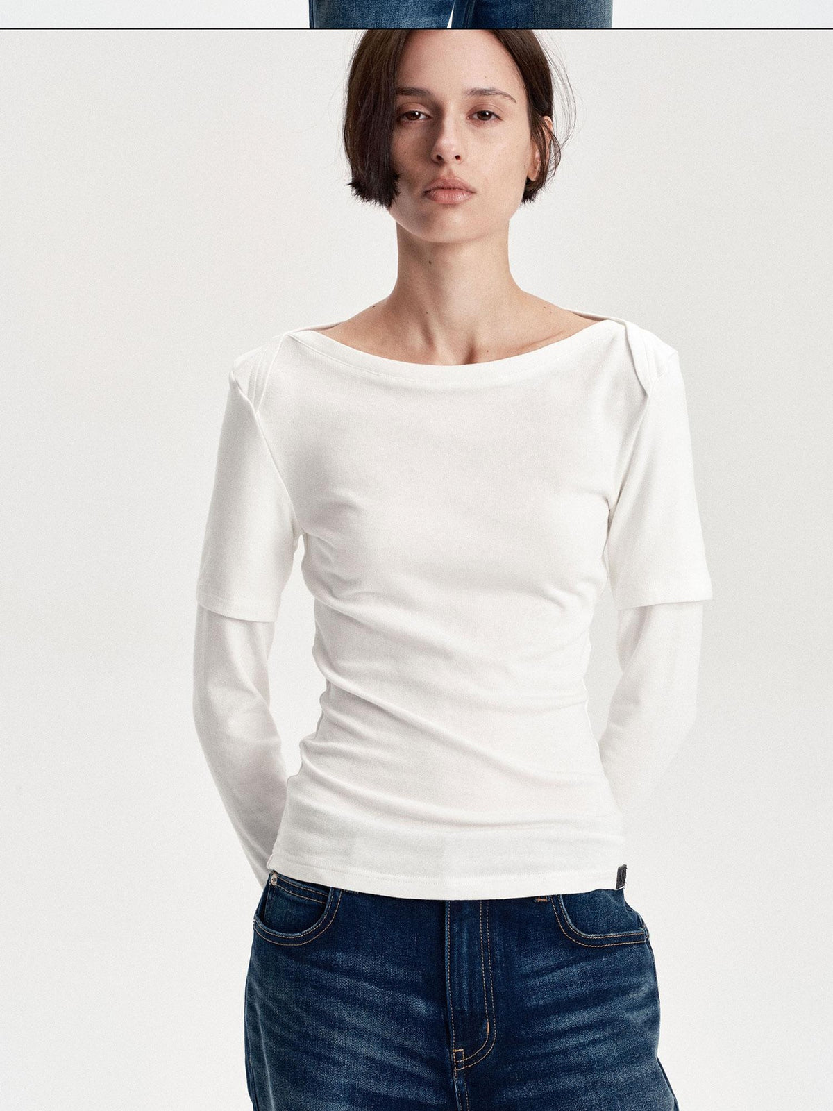 LYUOCHENG Boat Neck Off Shoulder Spliced Faux Layered Women&