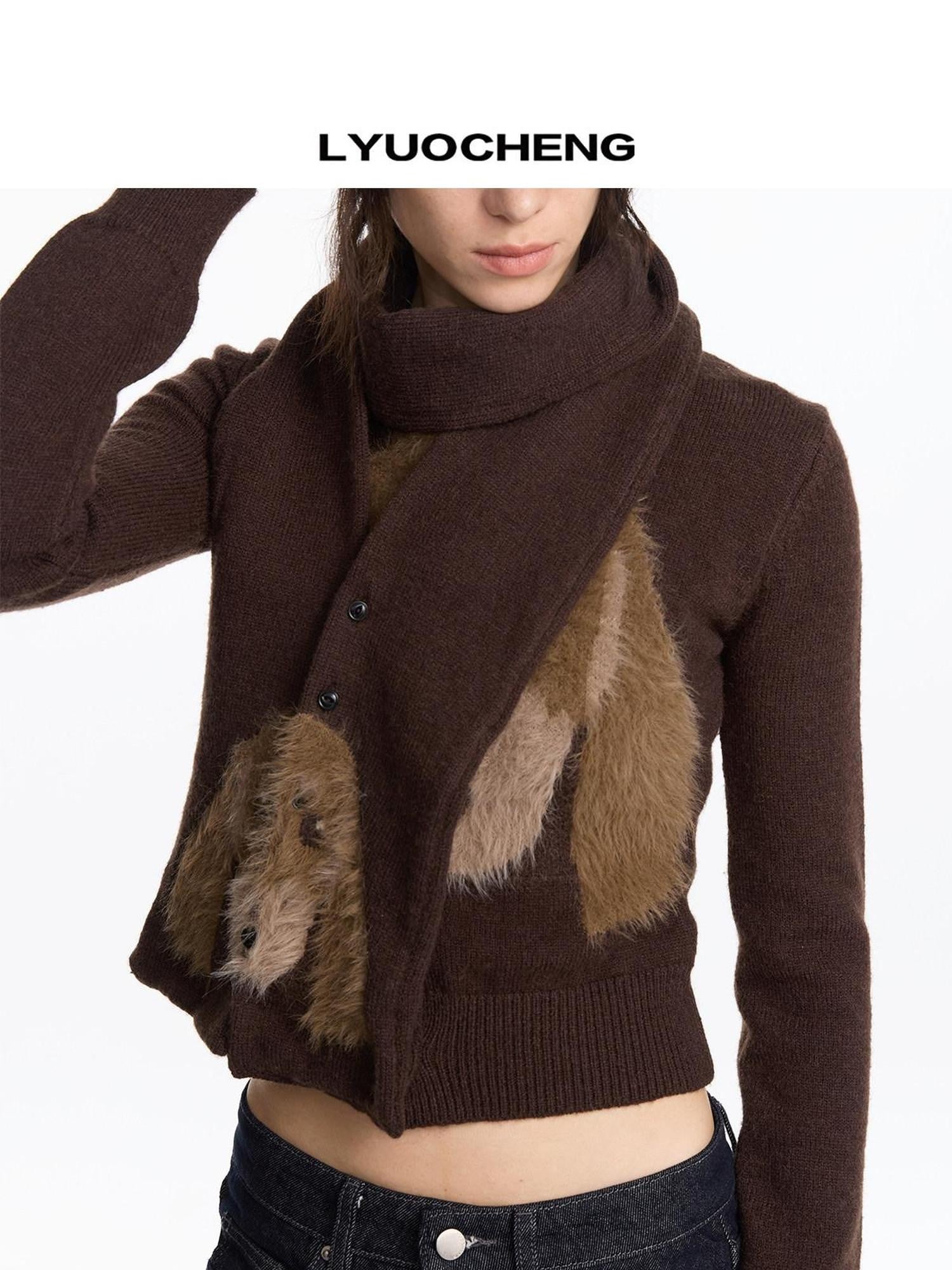 LYUOCHENG Brown Dachshund Head Jacquard Pile Knit Women&