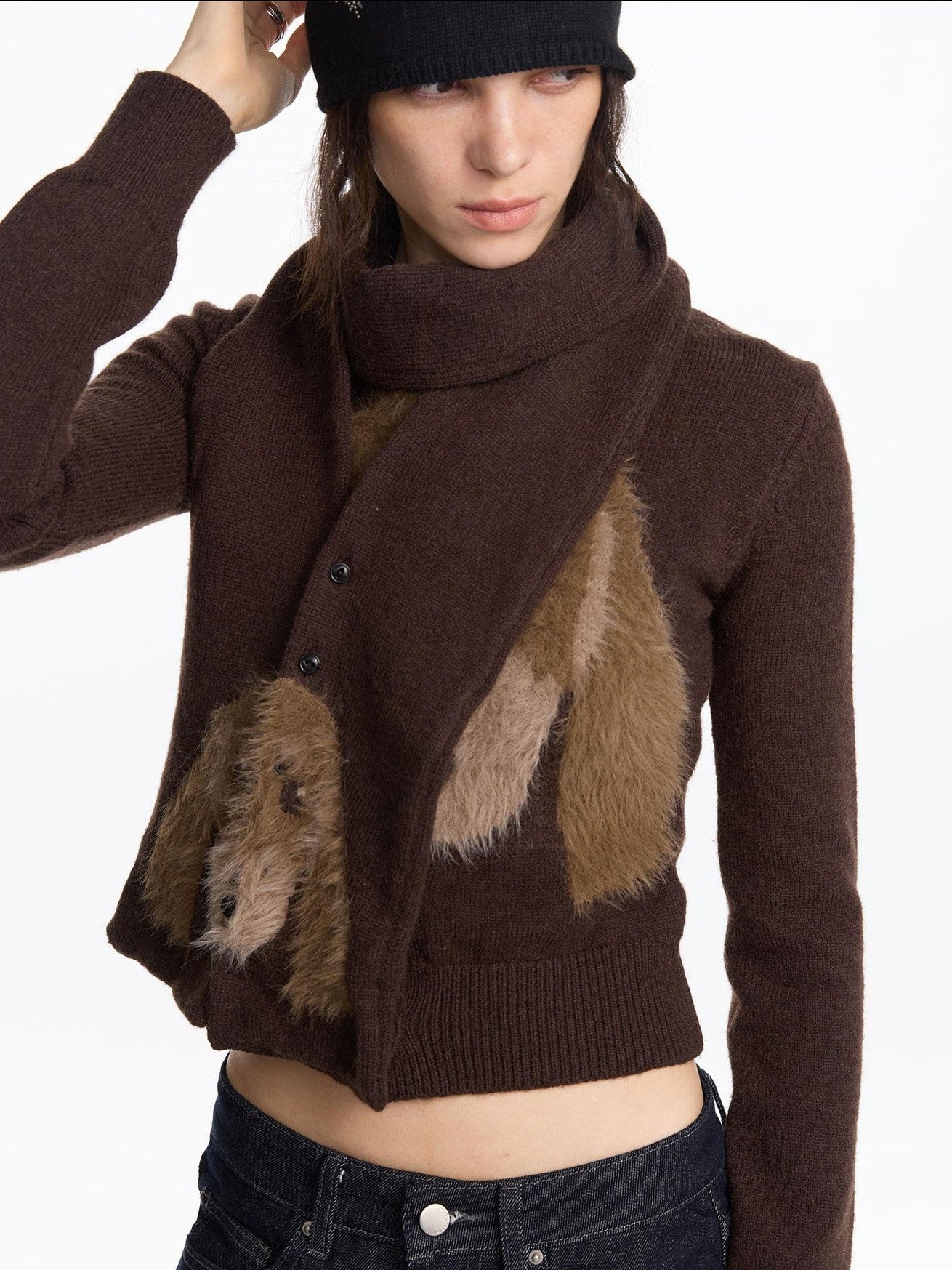 LYUOCHENG Brown Dachshund Head Jacquard Pile Knit Women&