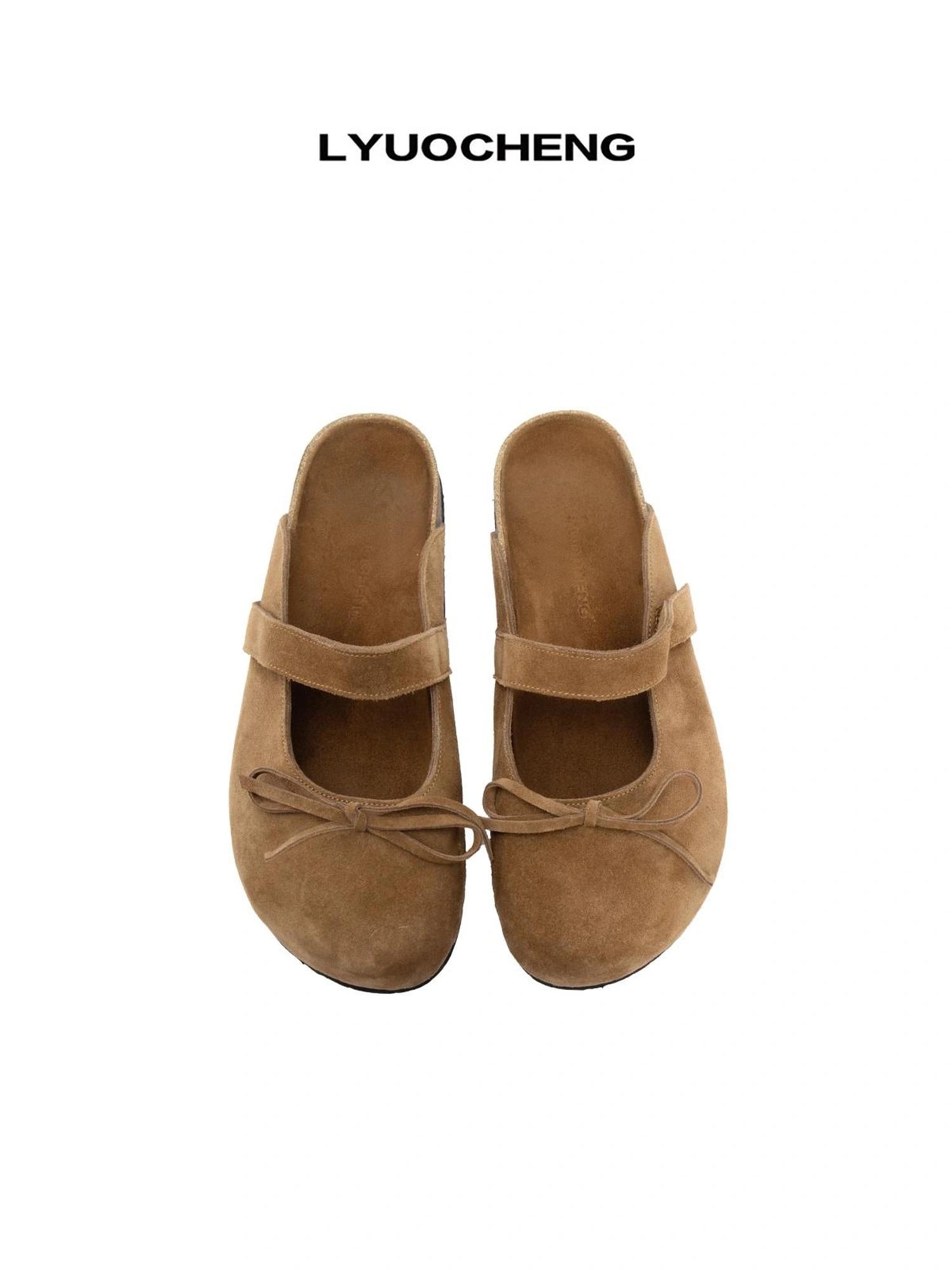 LYUOCHENG Brown Suede Ballet Bow