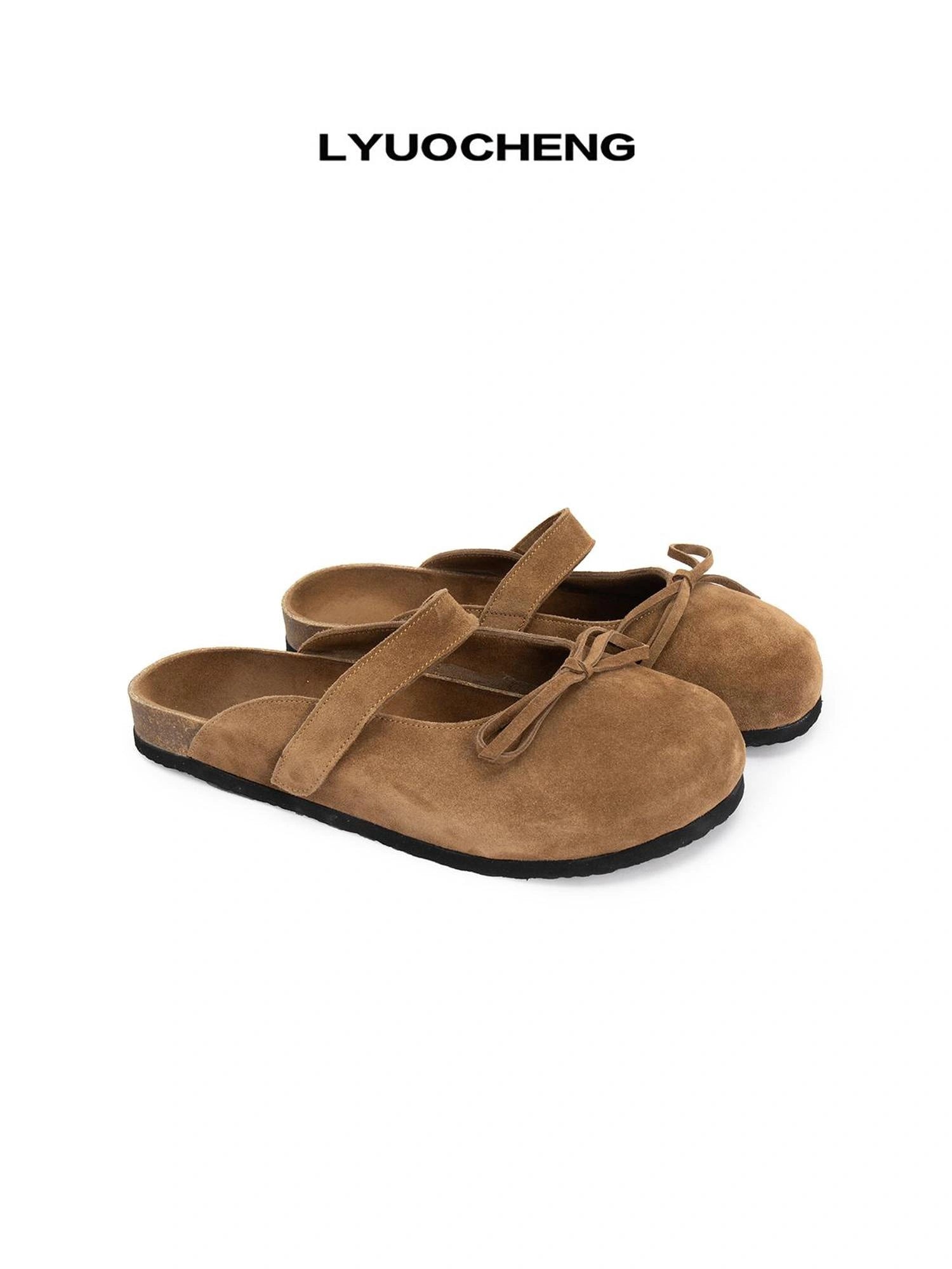 LYUOCHENG Brown Suede Ballet Bow