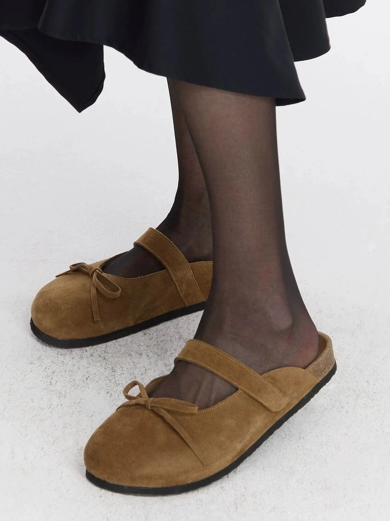 LYUOCHENG Brown Suede Ballet Bow