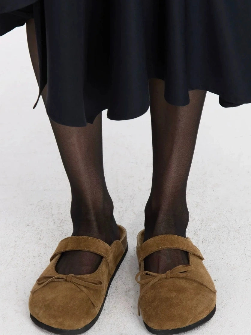 LYUOCHENG Brown Suede Ballet Bow