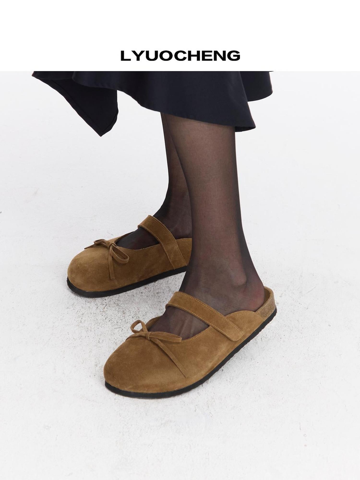 LYUOCHENG Brown Suede Ballet Bow Birk Clogs