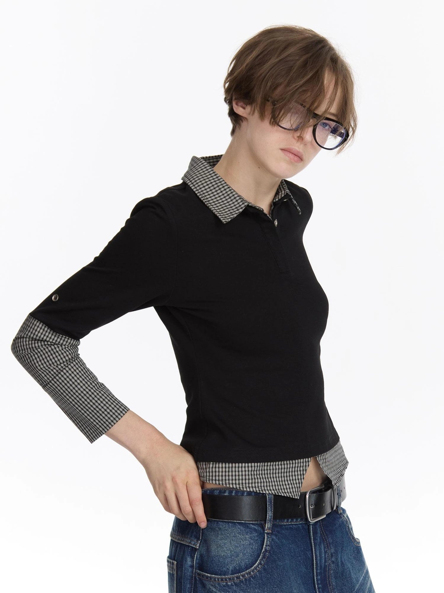 LYUOCHENG Checkered Paneled Long Sleeve Polo Shirt