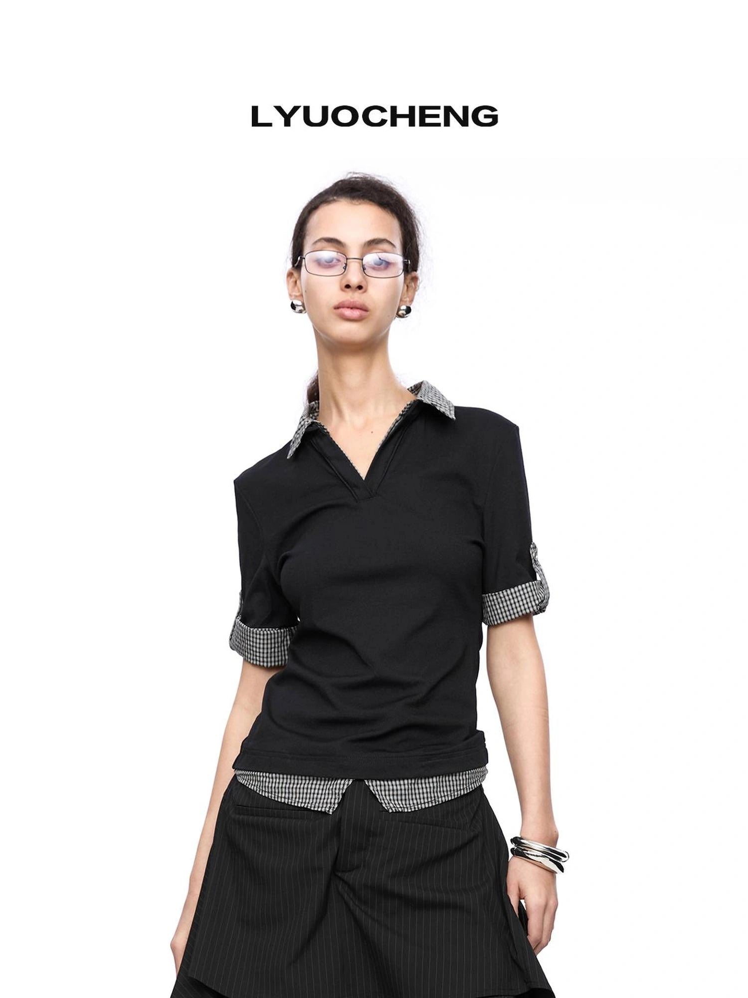 LYUOCHENG Checkered Paneled Polo Shirt