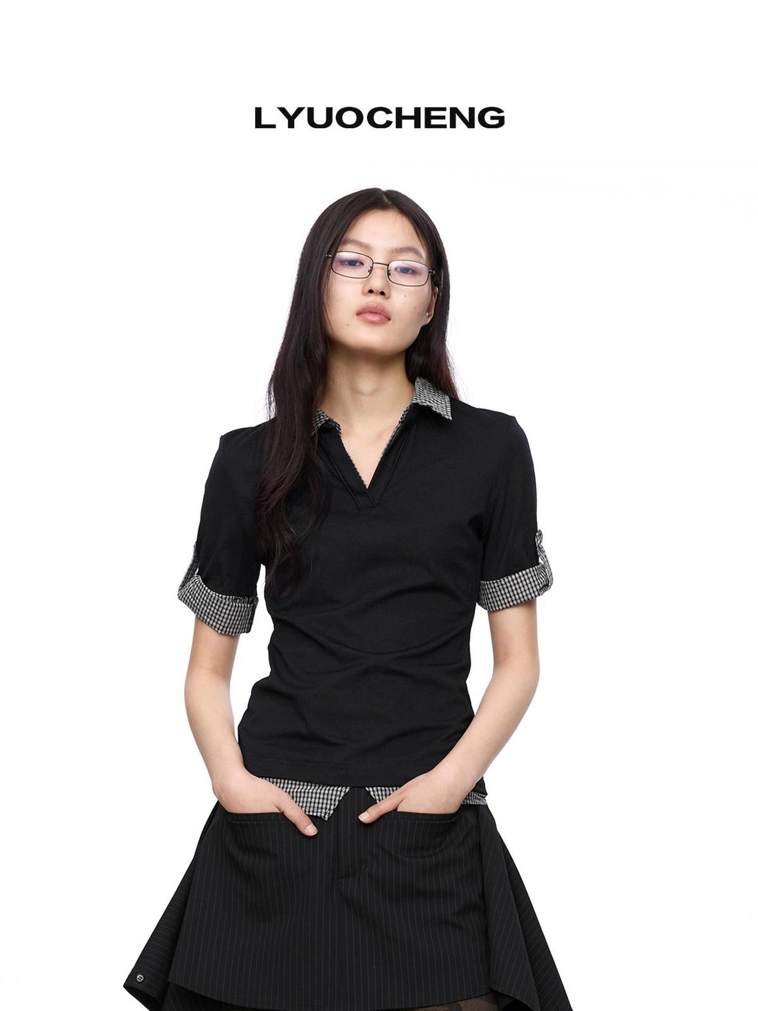 LYUOCHENG Checkered Paneled Polo Shirt