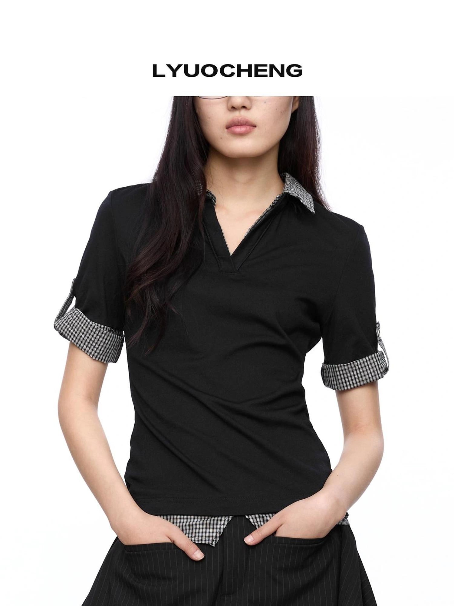 LYUOCHENG Checkered Paneled Polo Shirt