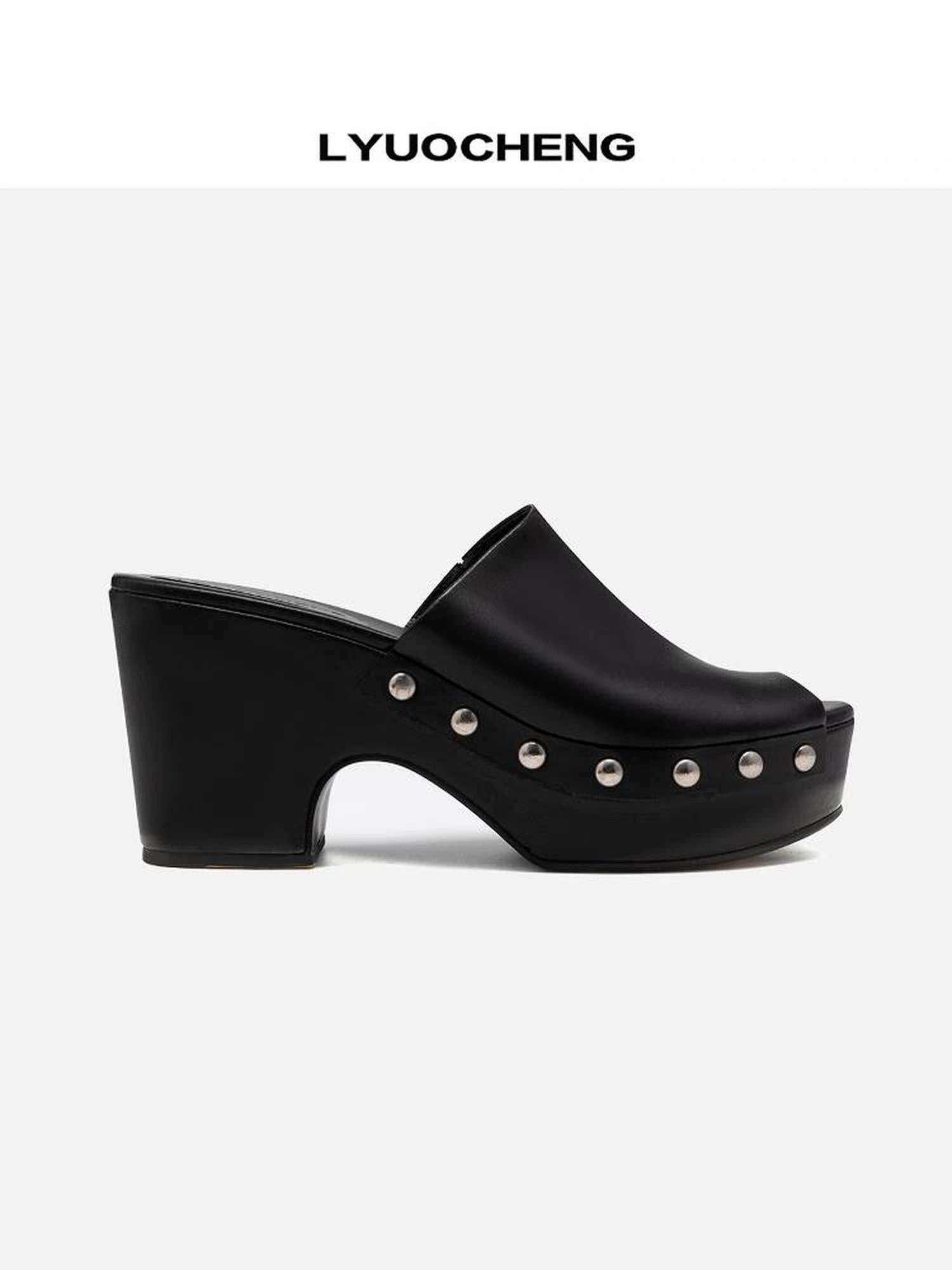 LYUOCHENG Chunky Platform Peep Toe Studded Mule Sandals