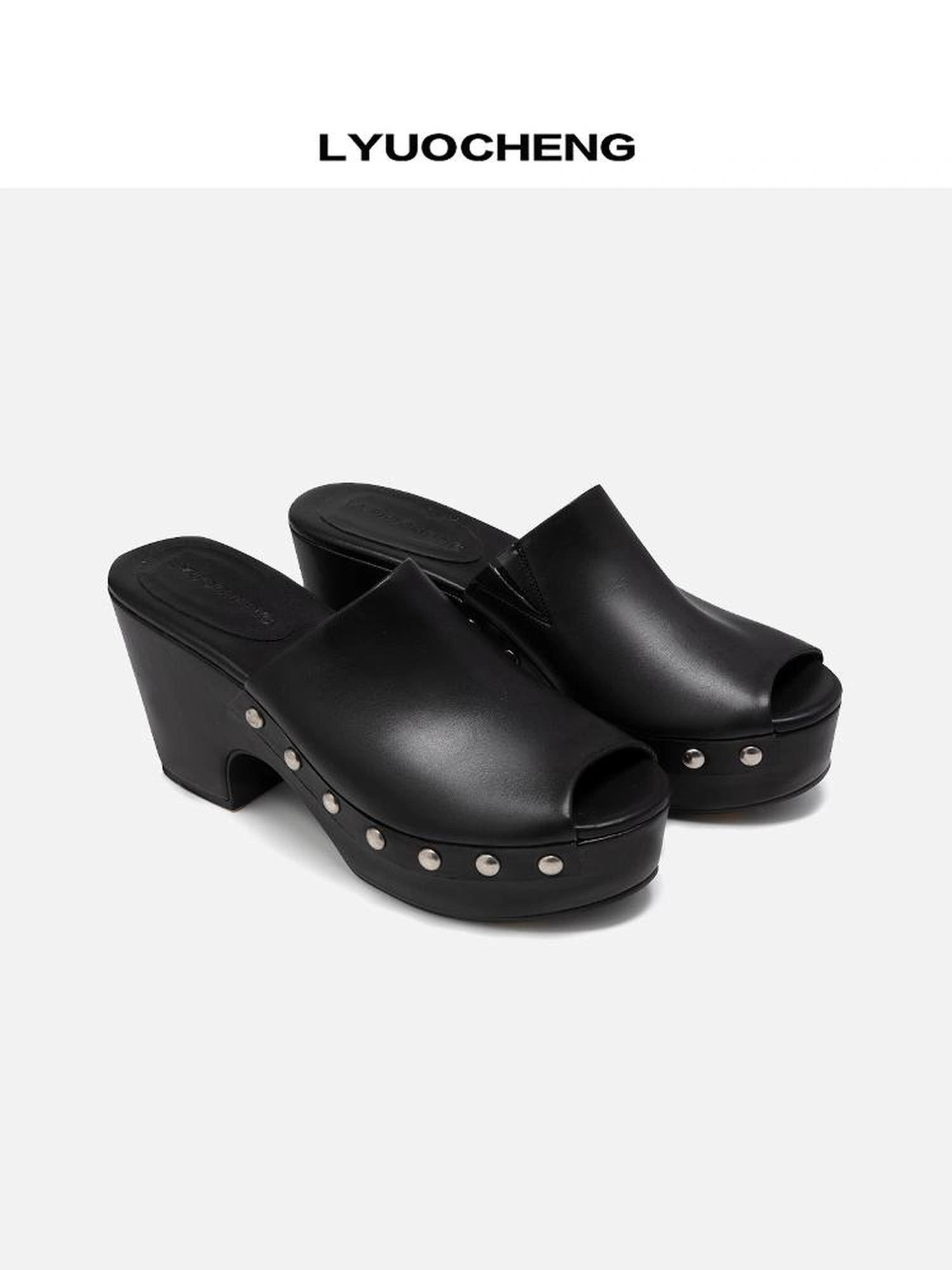 LYUOCHENG Chunky Platform Peep Toe Studded Mule Sandals