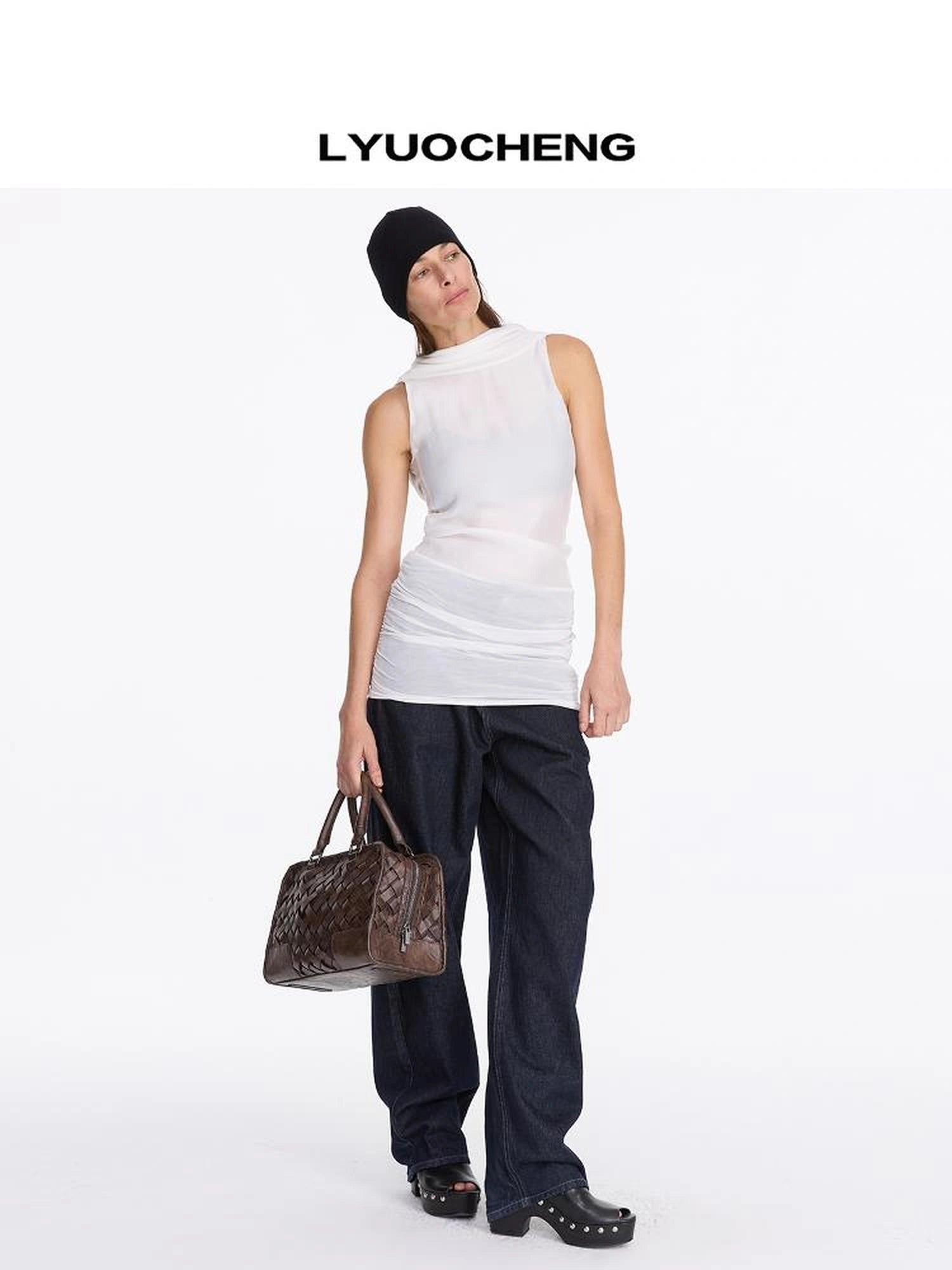 LYUOCHENG Chunky Platform Peep Toe Studded Mule Sandals