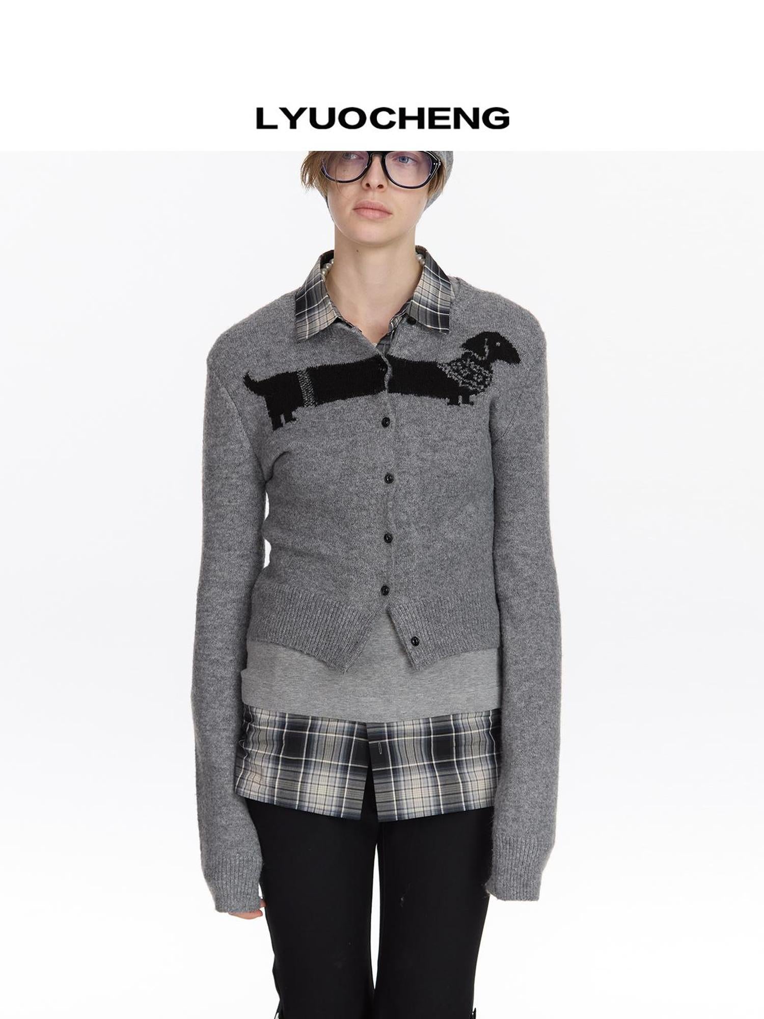 LYUOCHENG Dachshund Jacquard Knit Cardigan V-neck T-shirt Long Sleeve