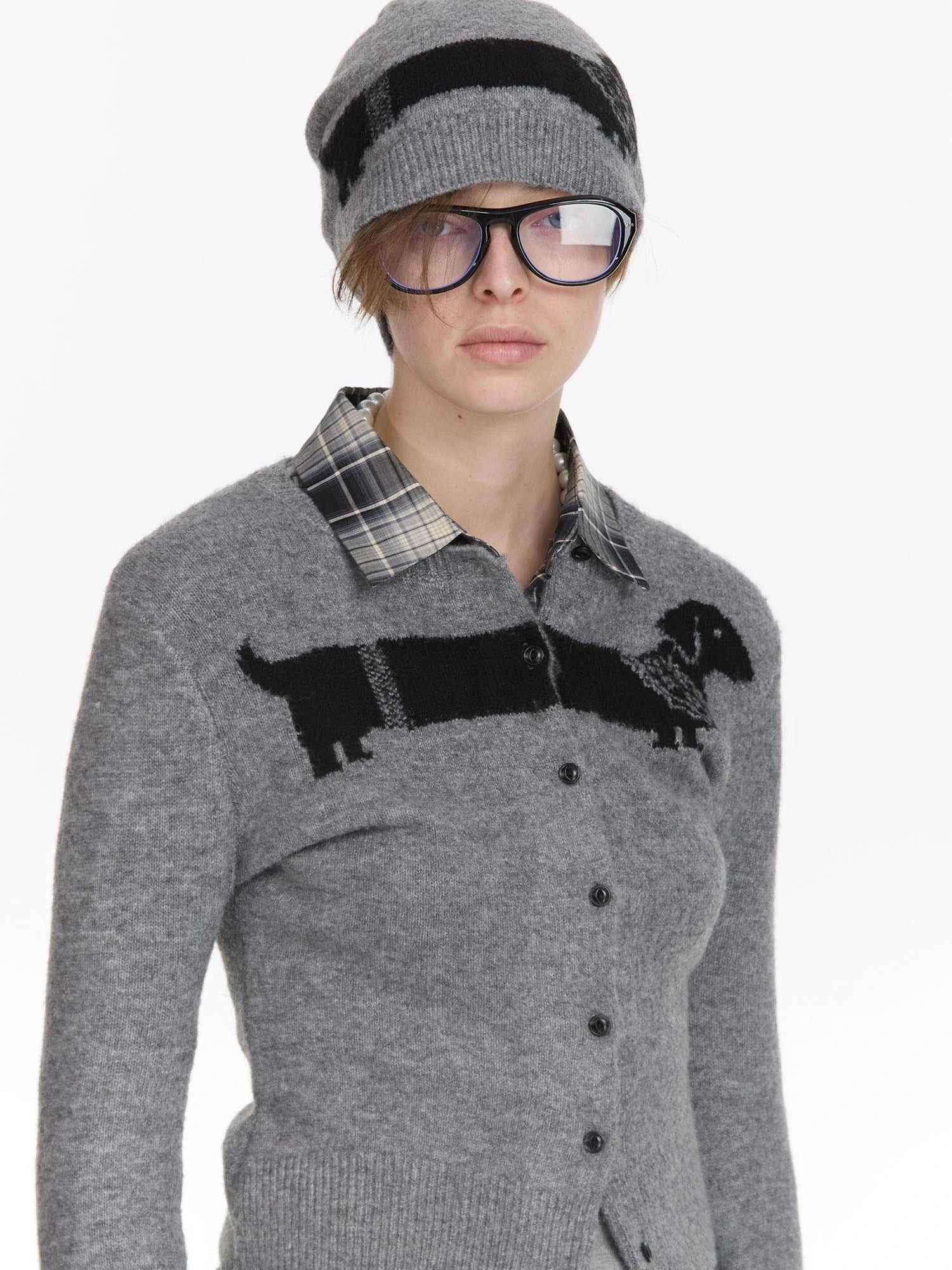 LYUOCHENG Dachshund Jacquard Knit Cardigan V-neck T-shirt Long Sleeve