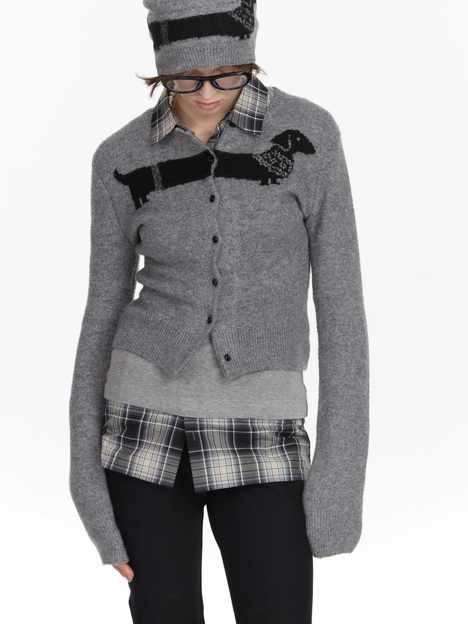 LYUOCHENG Dachshund Jacquard Knit Cardigan V-neck T-shirt Long Sleeve