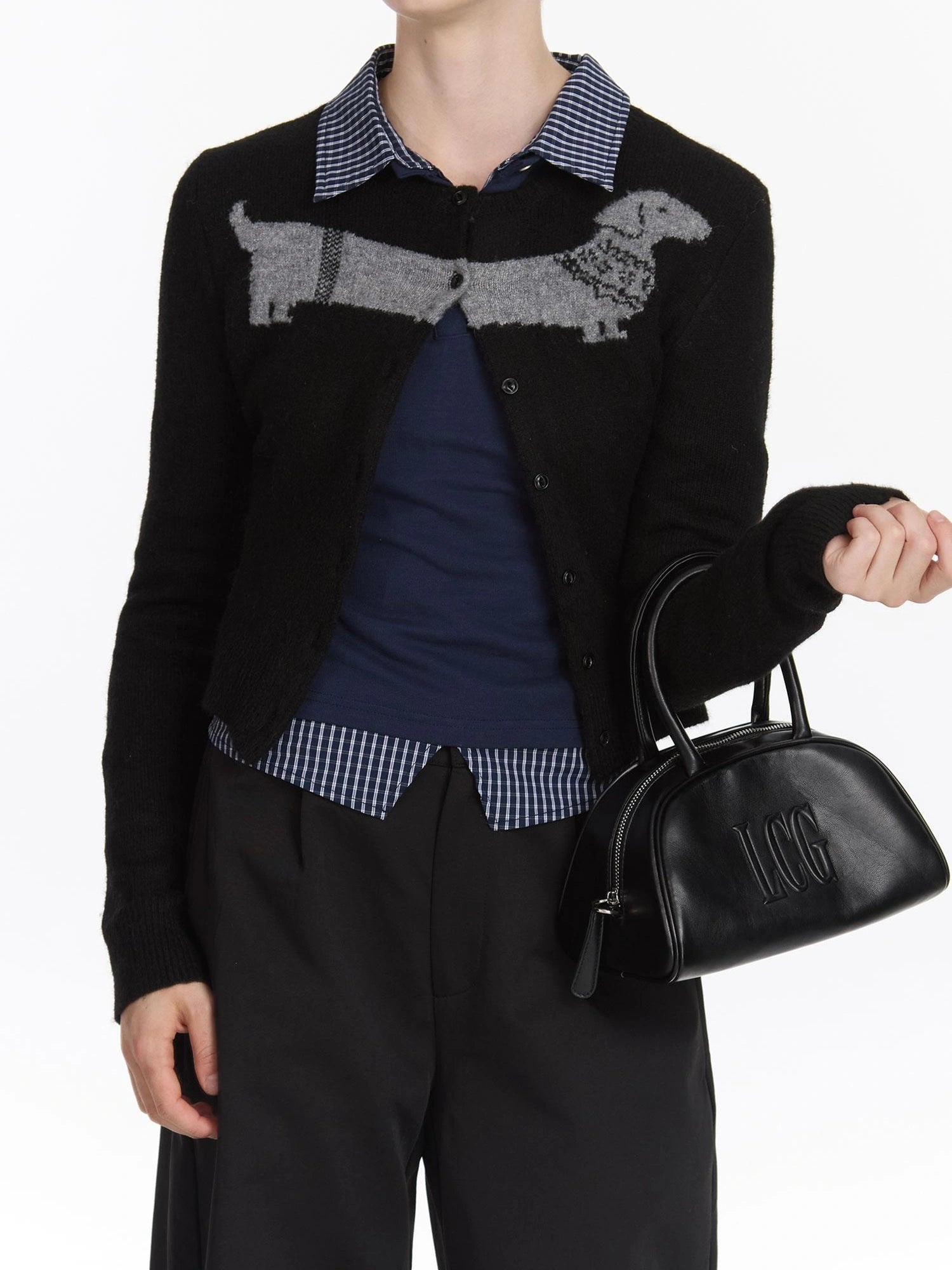 LYUOCHENG Dachshund Jacquard Knit Cardigan V-neck T-shirt Long Sleeve