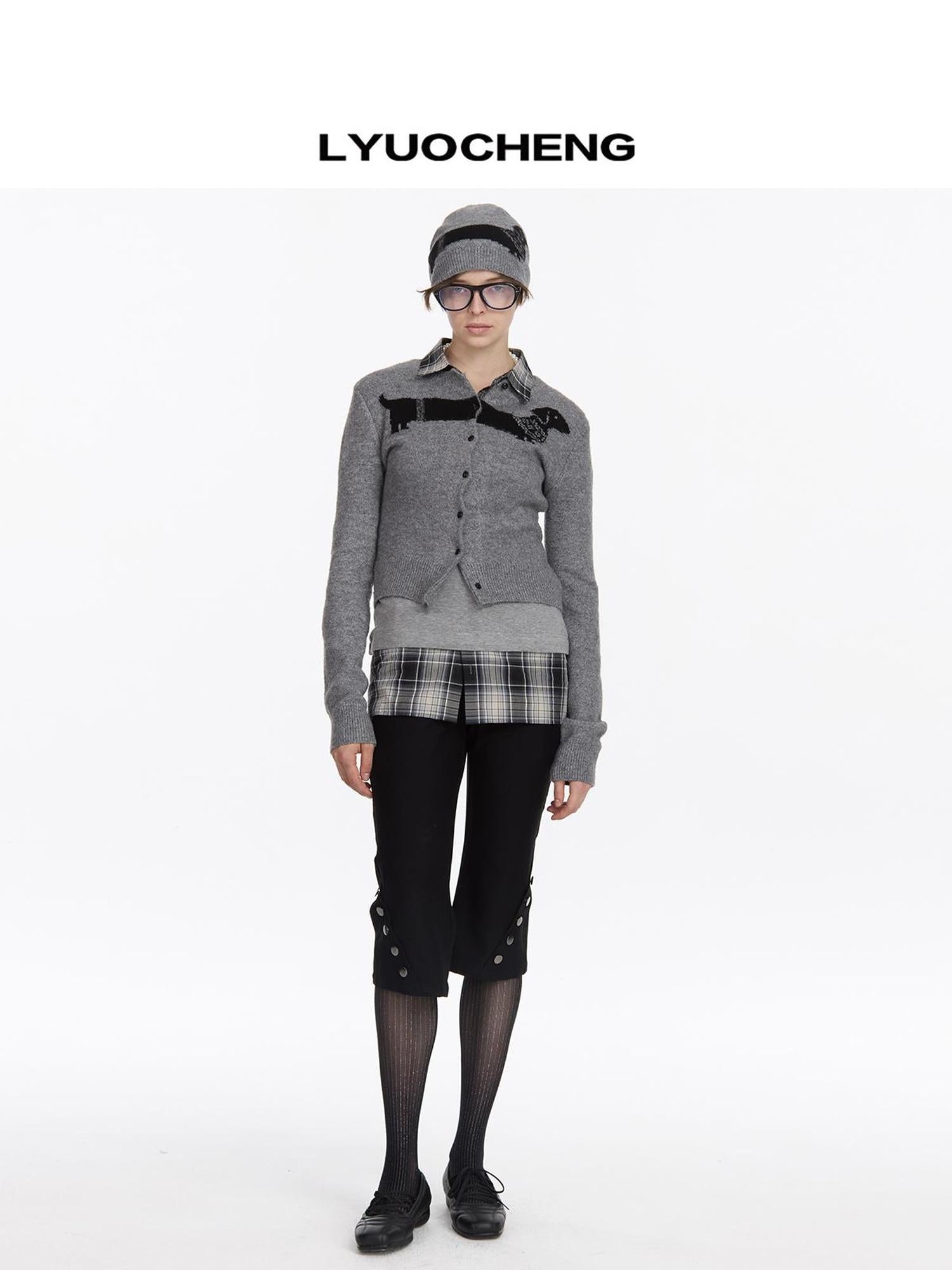 LYUOCHENG Dachshund Jacquard Knit Cardigan V-neck T-shirt Long Sleeve