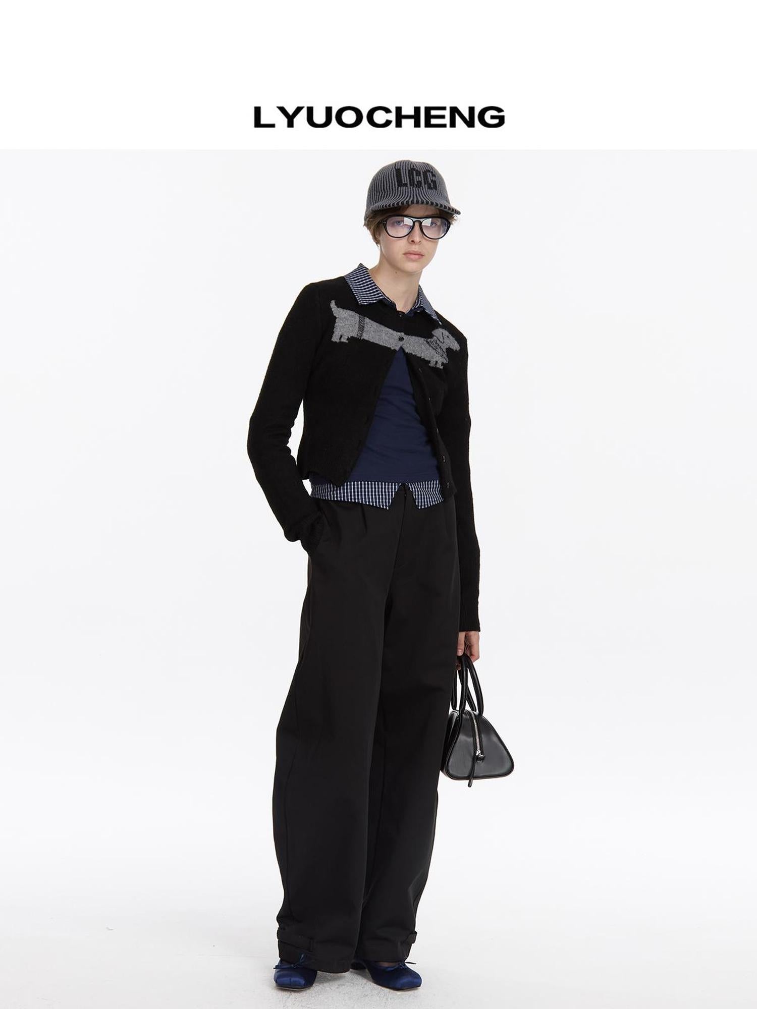 LYUOCHENG Dachshund Jacquard Knit Cardigan V-neck T-shirt Long Sleeve