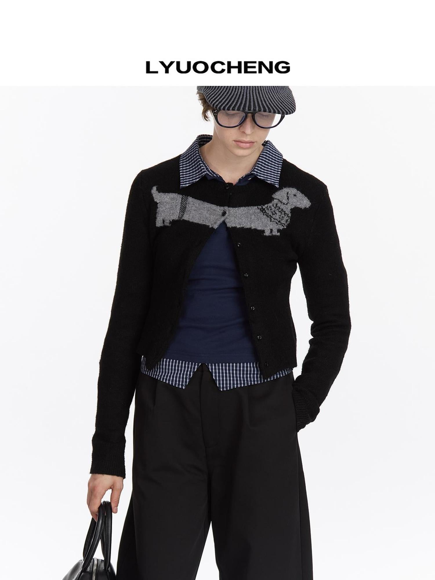 LYUOCHENG Dachshund Jacquard Knit Cardigan V-neck T-shirt Long Sleeve