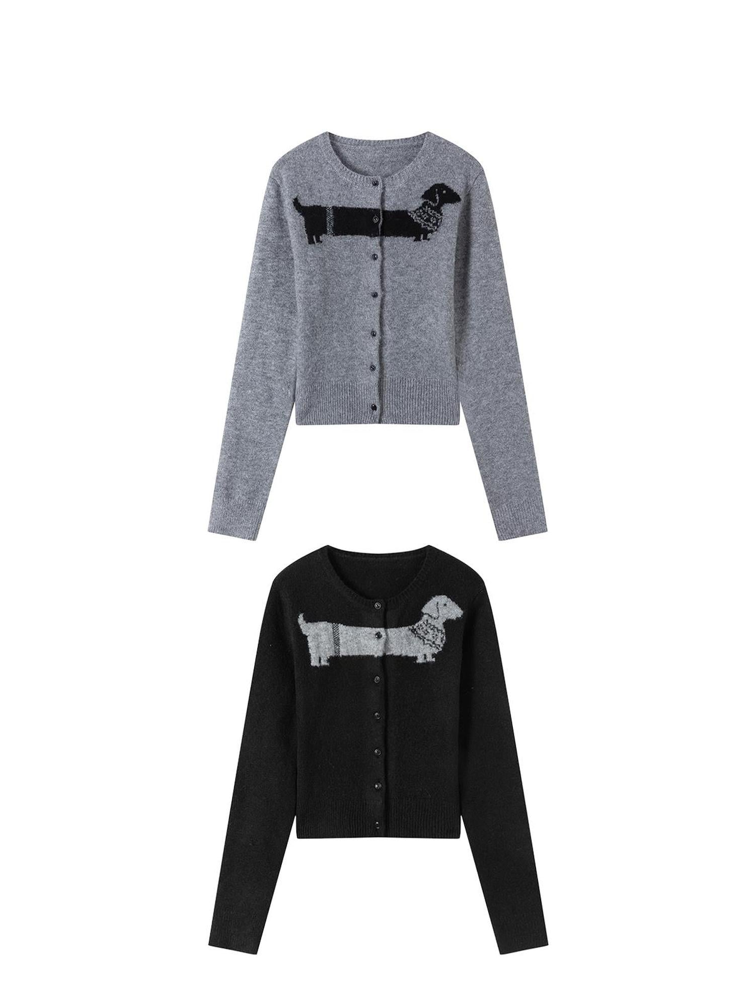 LYUOCHENG Dachshund Jacquard Knit Cardigan V-neck T-shirt Long Sleeve