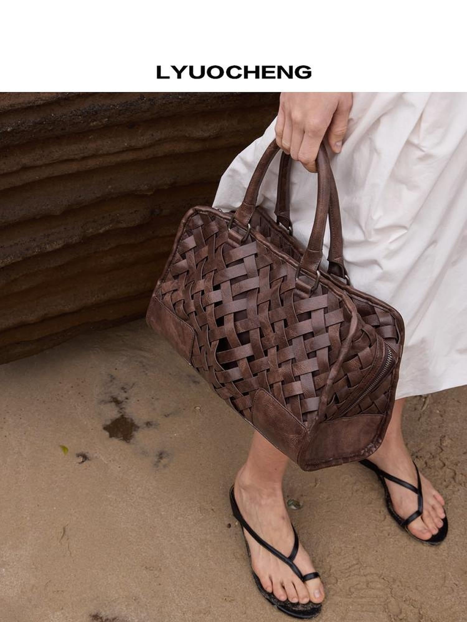 LYUOCHENG Deep Brown Vintage Handwoven English Square Single Strap Women&