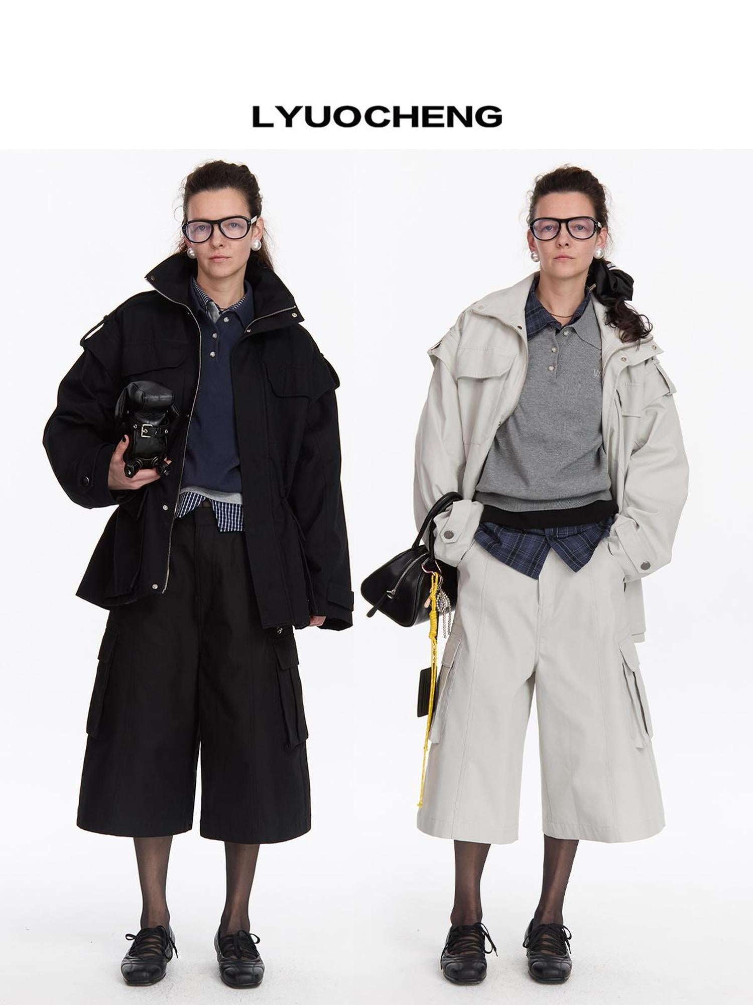 LYUOCHENG Detachable Quilted Jacket With Low Rise Wide Leg Pants Set