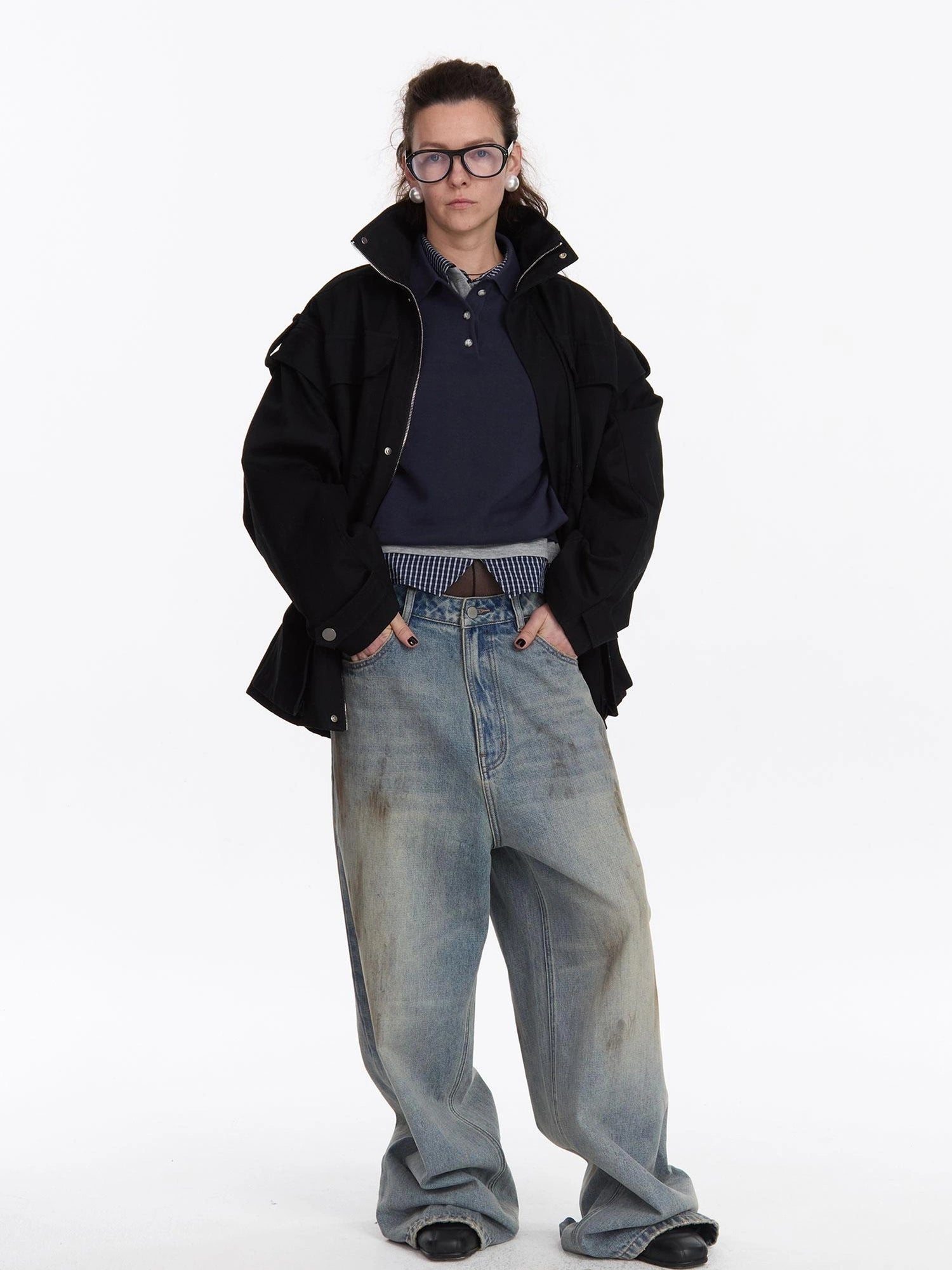 LYUOCHENG Detachable Quilted Jacket With Low Rise Wide Leg Pants Set