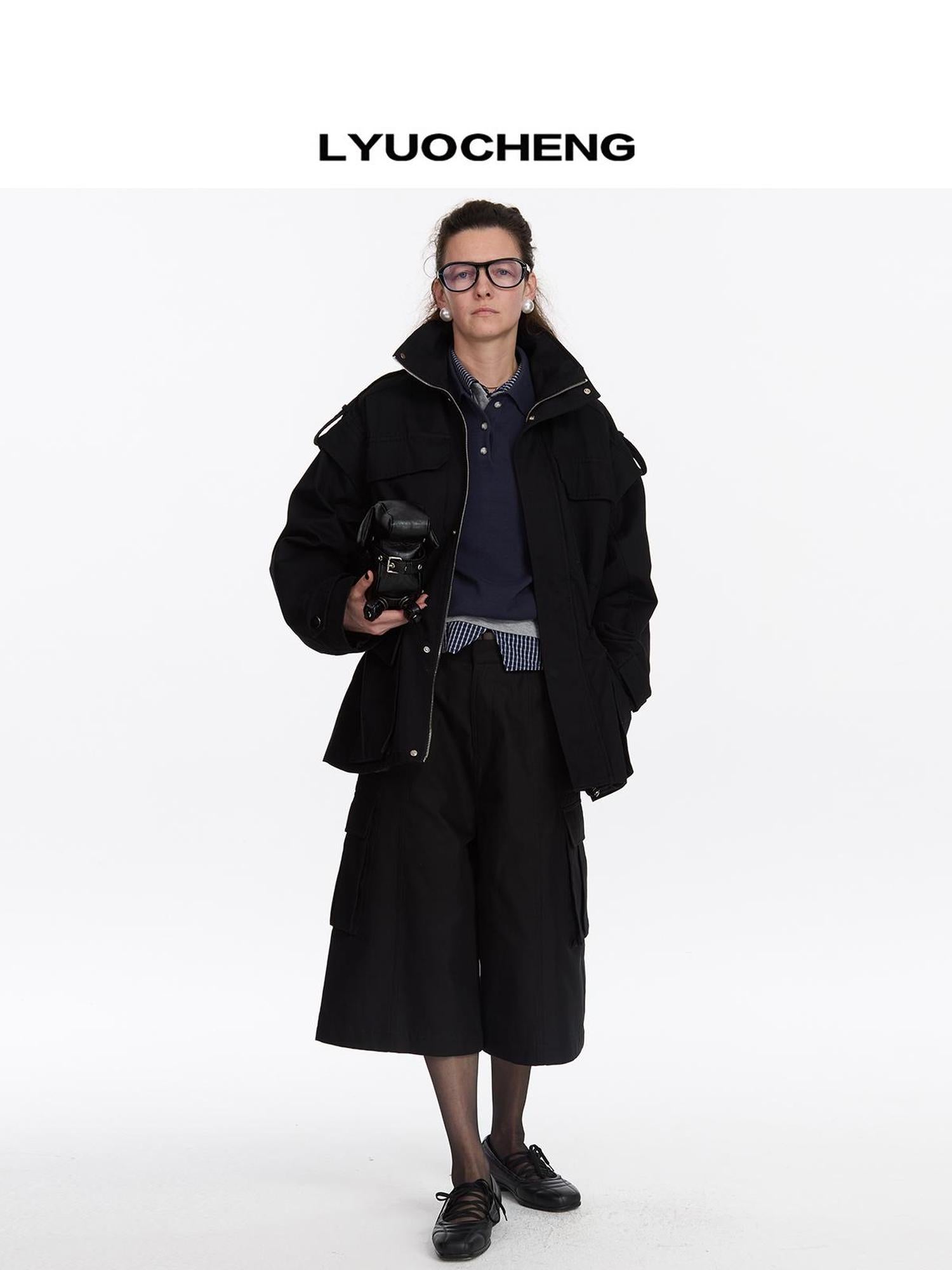 LYUOCHENG Detachable Quilted Jacket With Low Rise Wide Leg Pants Set