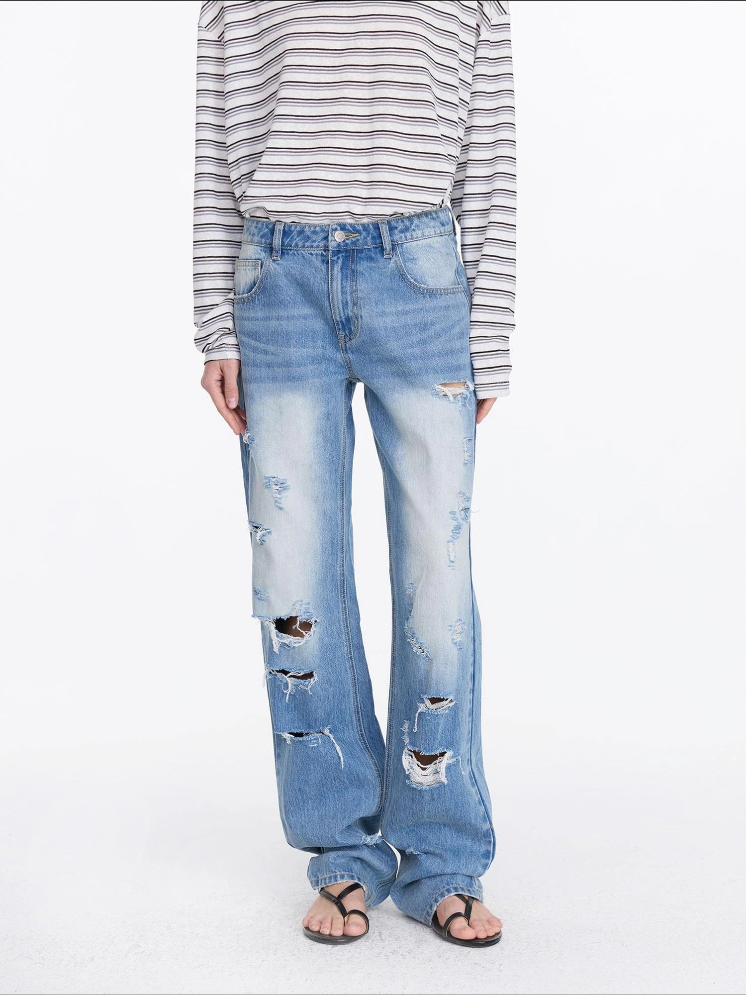 LYUOCHENG Distressed Light Blue High Waist Straight Leg Jeans