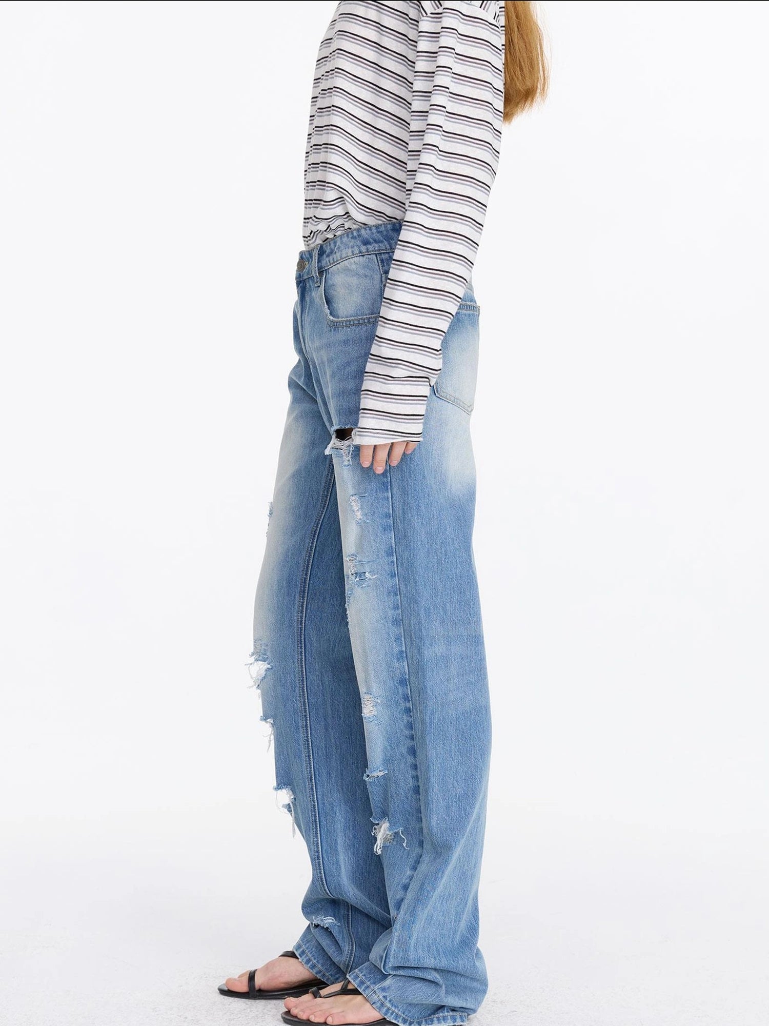 LYUOCHENG Distressed Light Blue High Waist Straight Leg Jeans