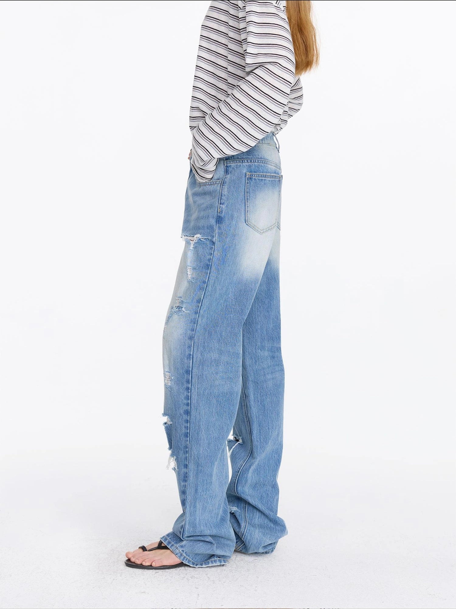 LYUOCHENG Distressed Light Blue High Waist Straight Leg Jeans