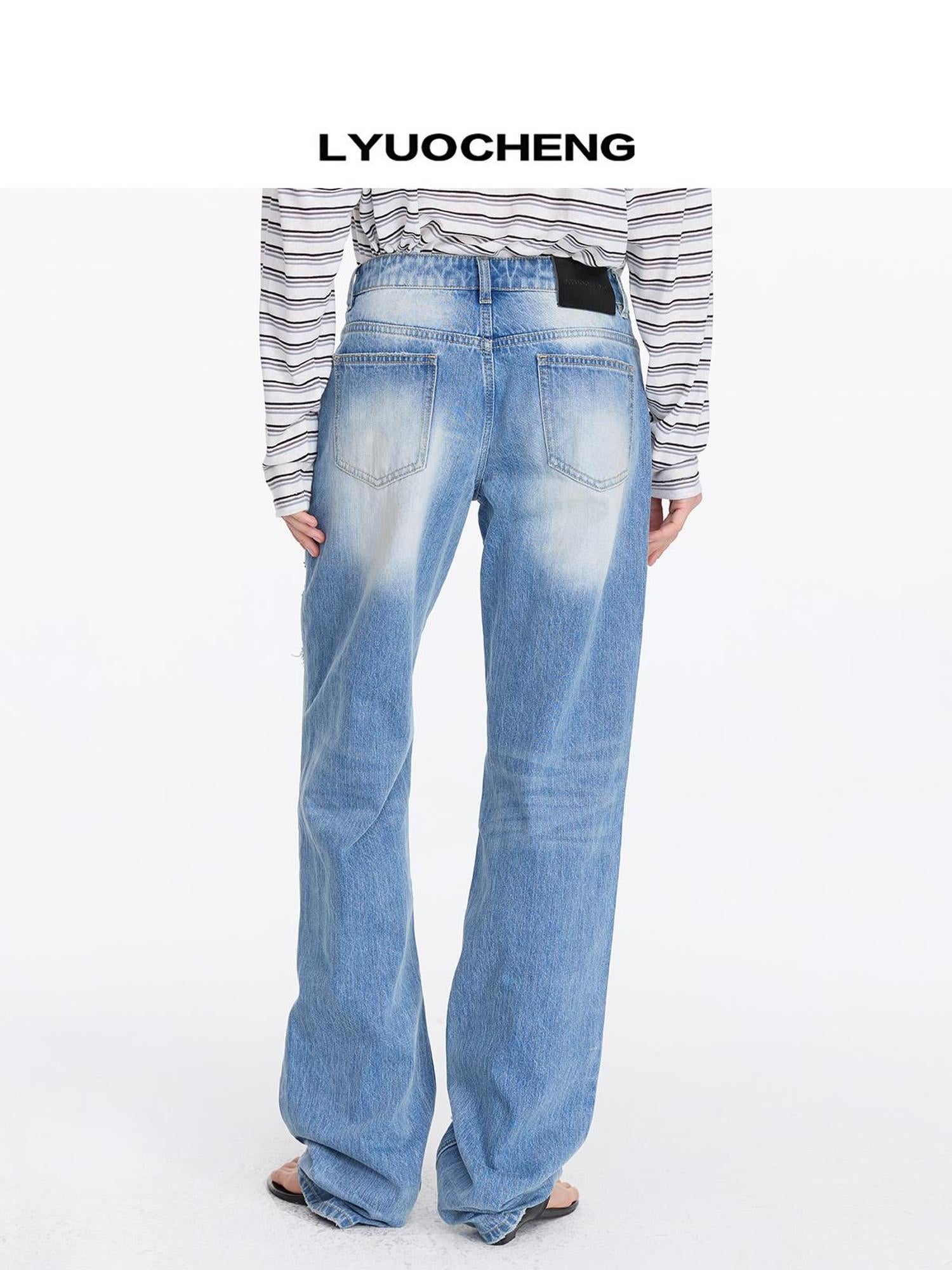 LYUOCHENG Distressed Light Blue High Waist Straight Leg Jeans