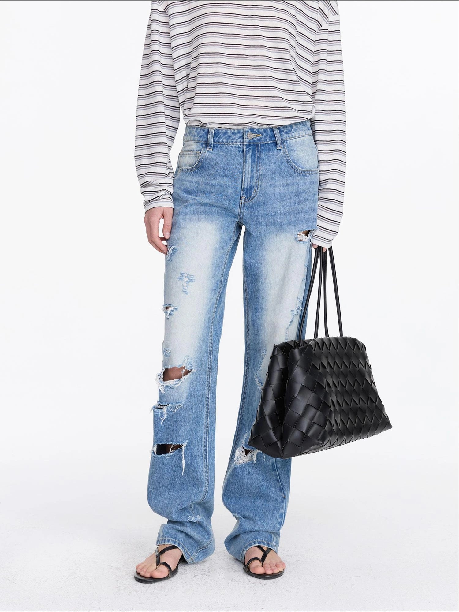 LYUOCHENG Distressed Light Blue High Waist Straight Leg Jeans