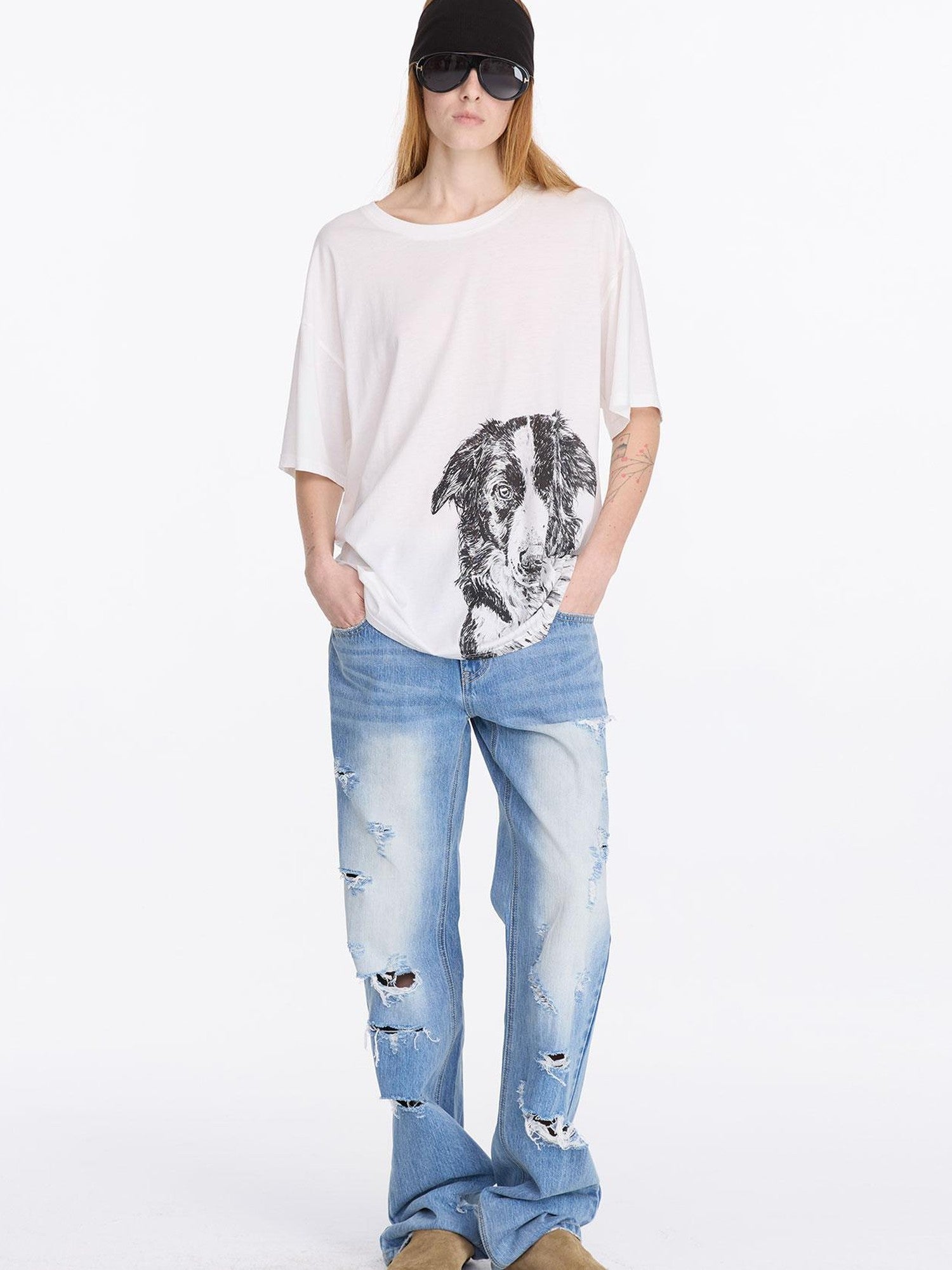LYUOCHENG Dog Print Loose Fit Crew Neck Women&