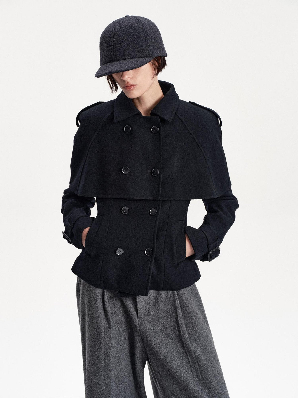 LYUOCHENG Double Breasted Waist Cinched Removable Cape Wool Blend Women&