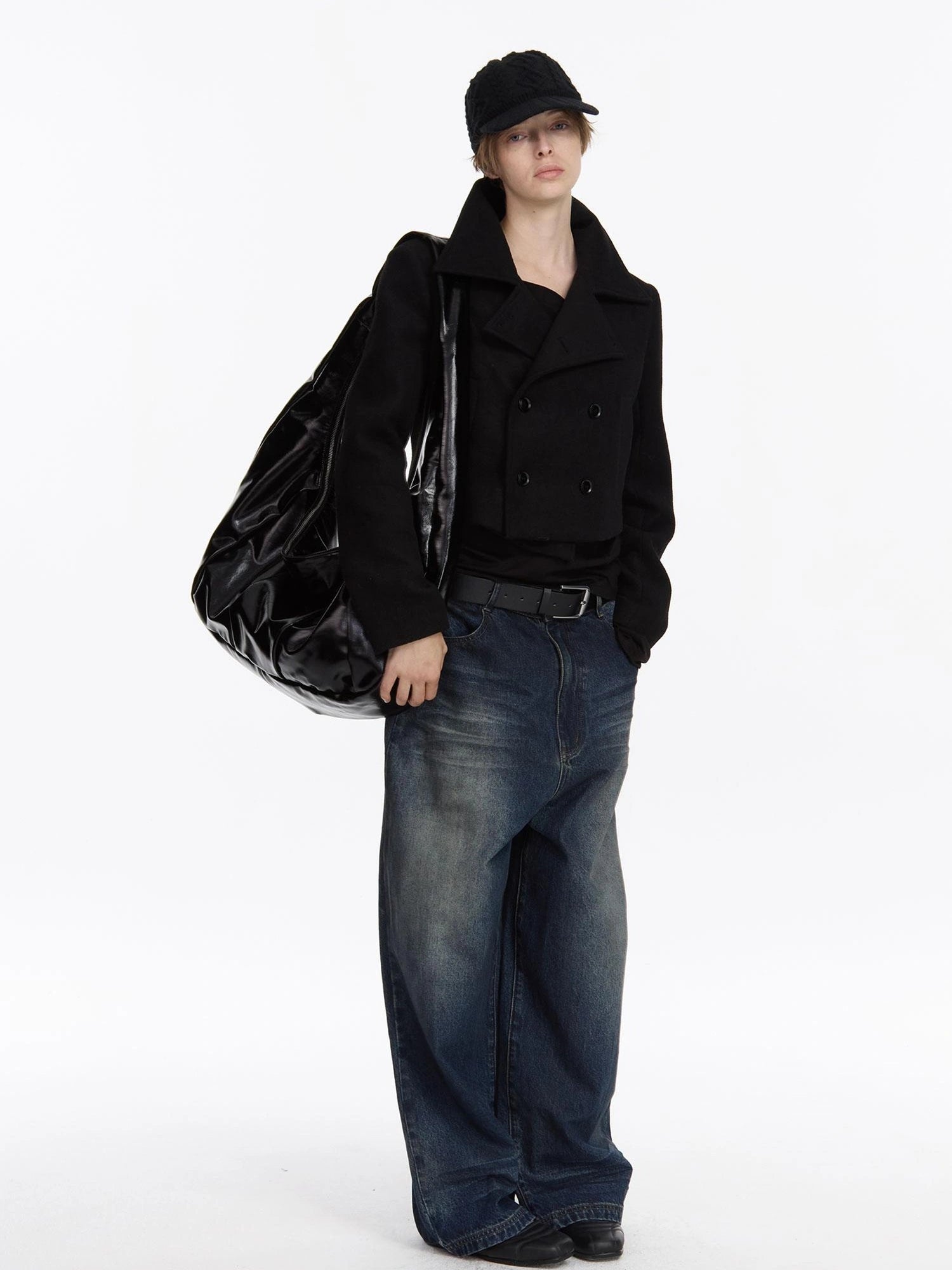 LYUOCHENG Double Breasted Wool Blend Stand Collar Short Coat