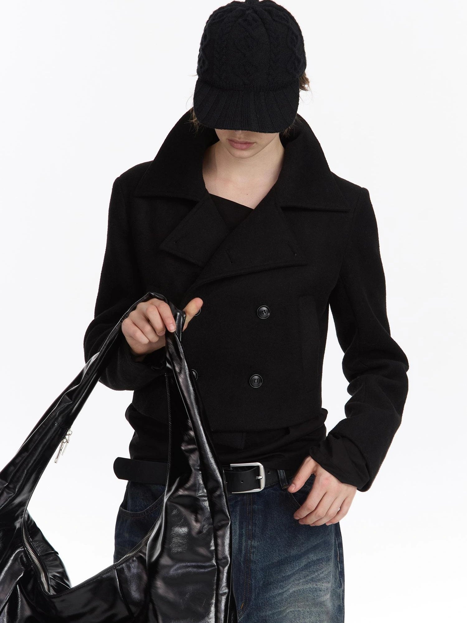 LYUOCHENG Double Breasted Wool Blend Stand Collar Short Coat