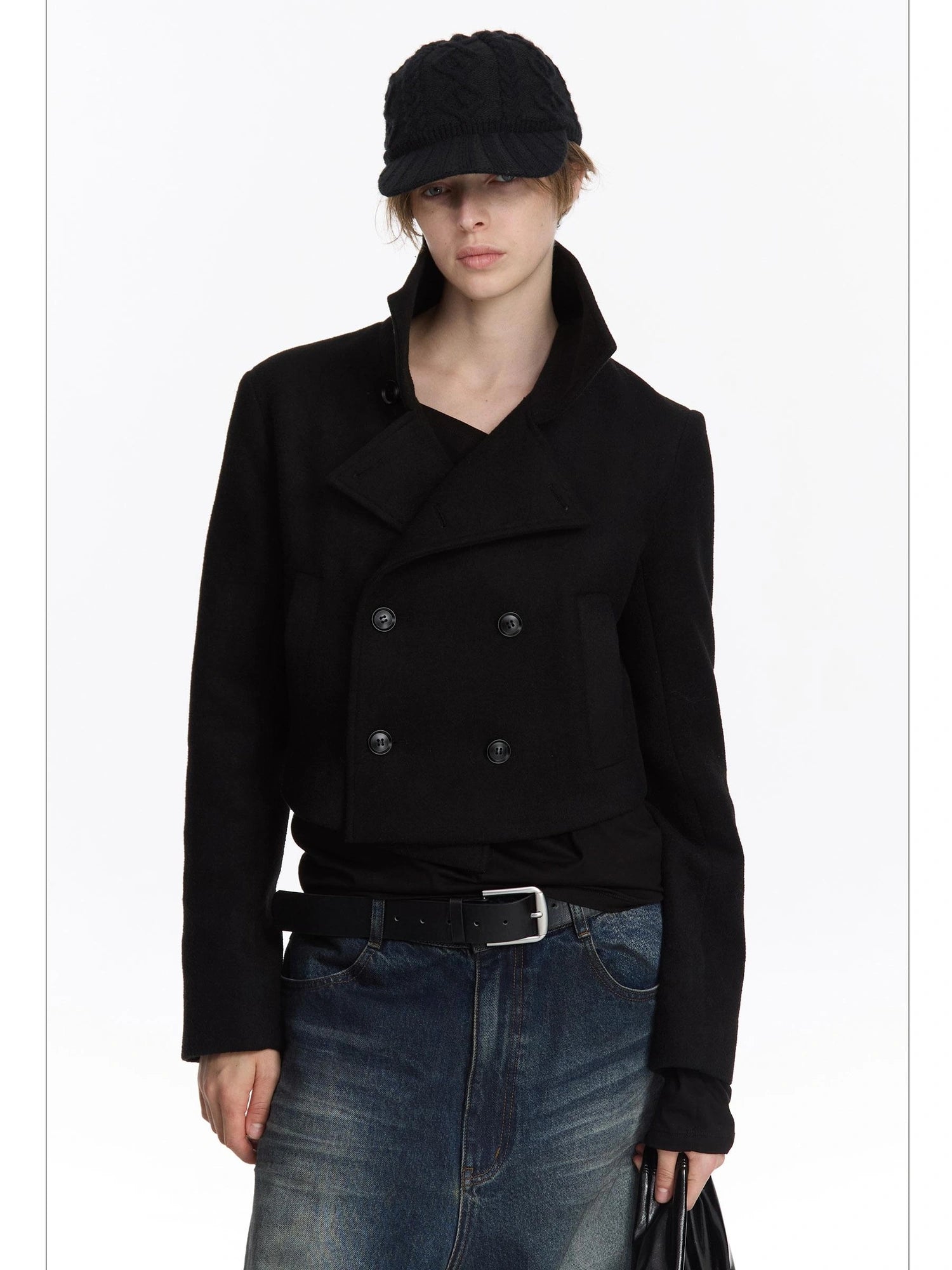 LYUOCHENG Double Breasted Wool Blend Stand Collar Short Coat