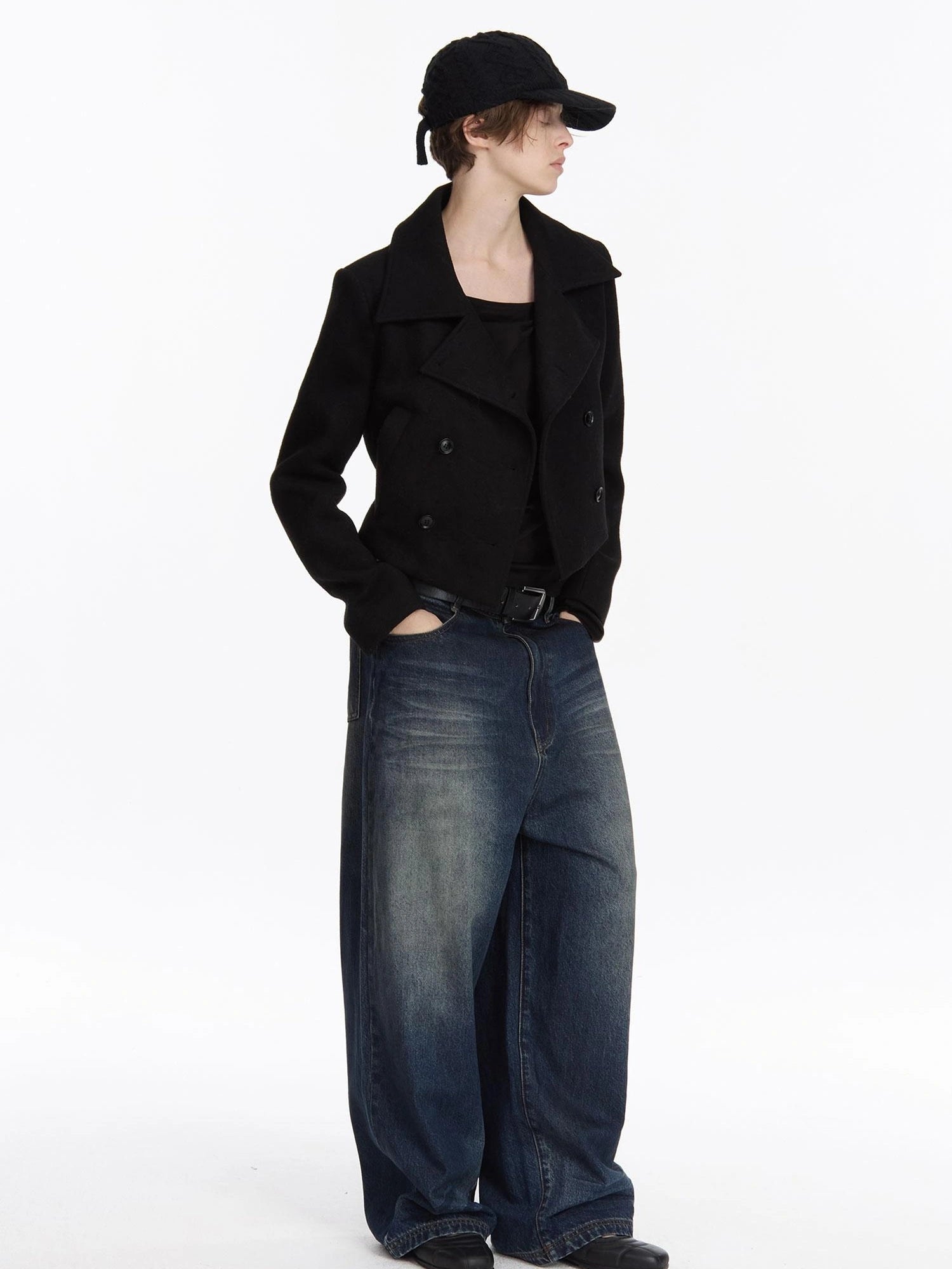 LYUOCHENG Double Breasted Wool Blend Stand Collar Short Coat