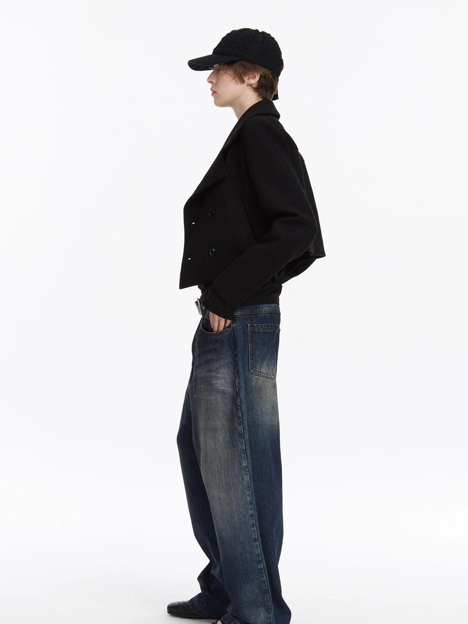 LYUOCHENG Double Breasted Wool Blend Stand Collar Short Coat