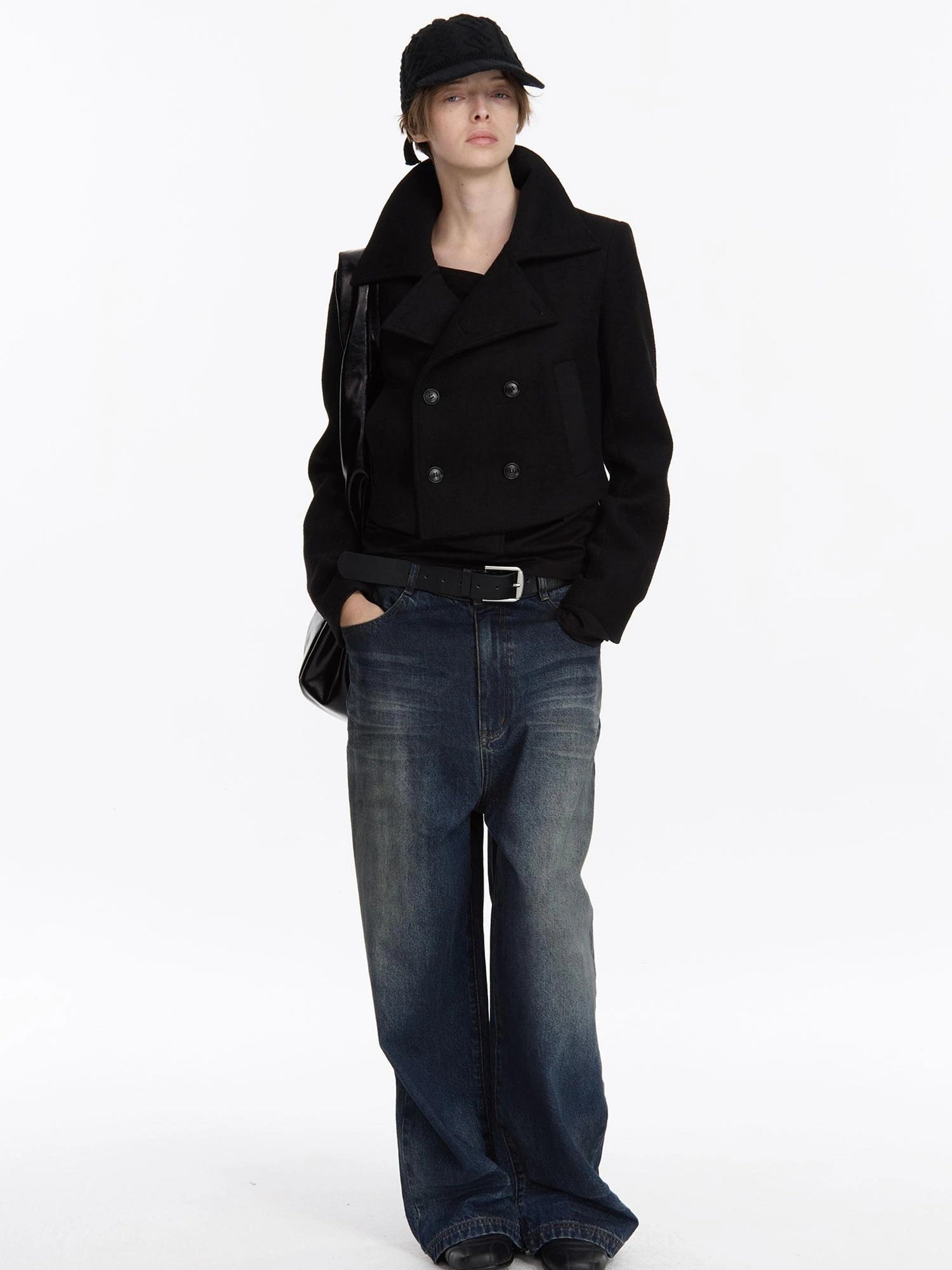 LYUOCHENG Double Breasted Wool Blend Stand Collar Short Coat