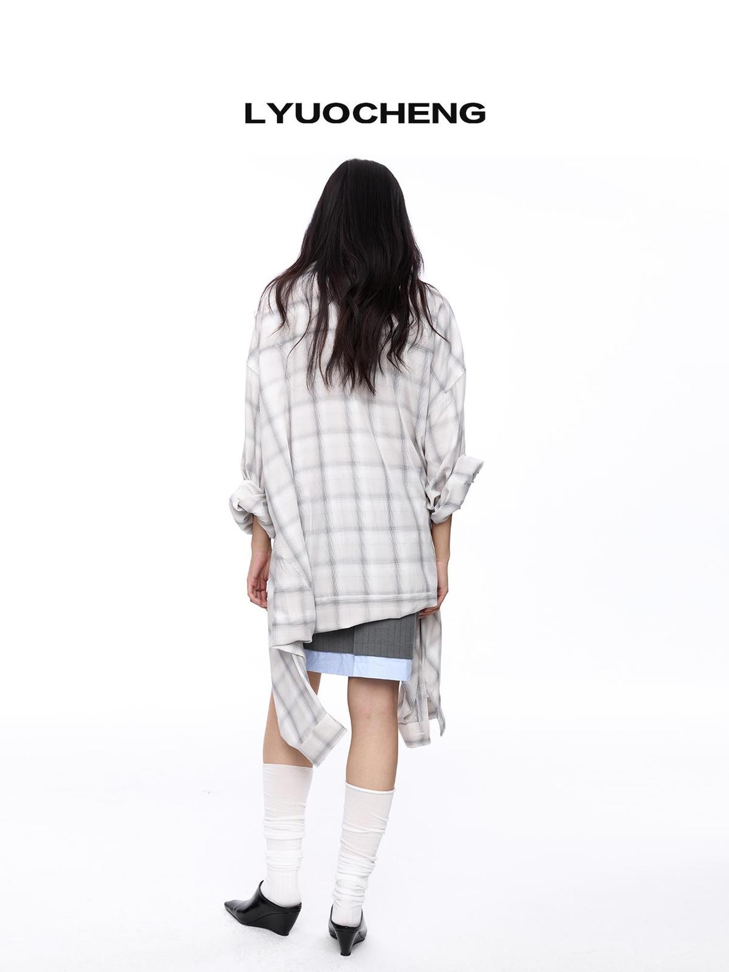 LYUOCHENG Double Collar Plaid Button Down Midi Shirt