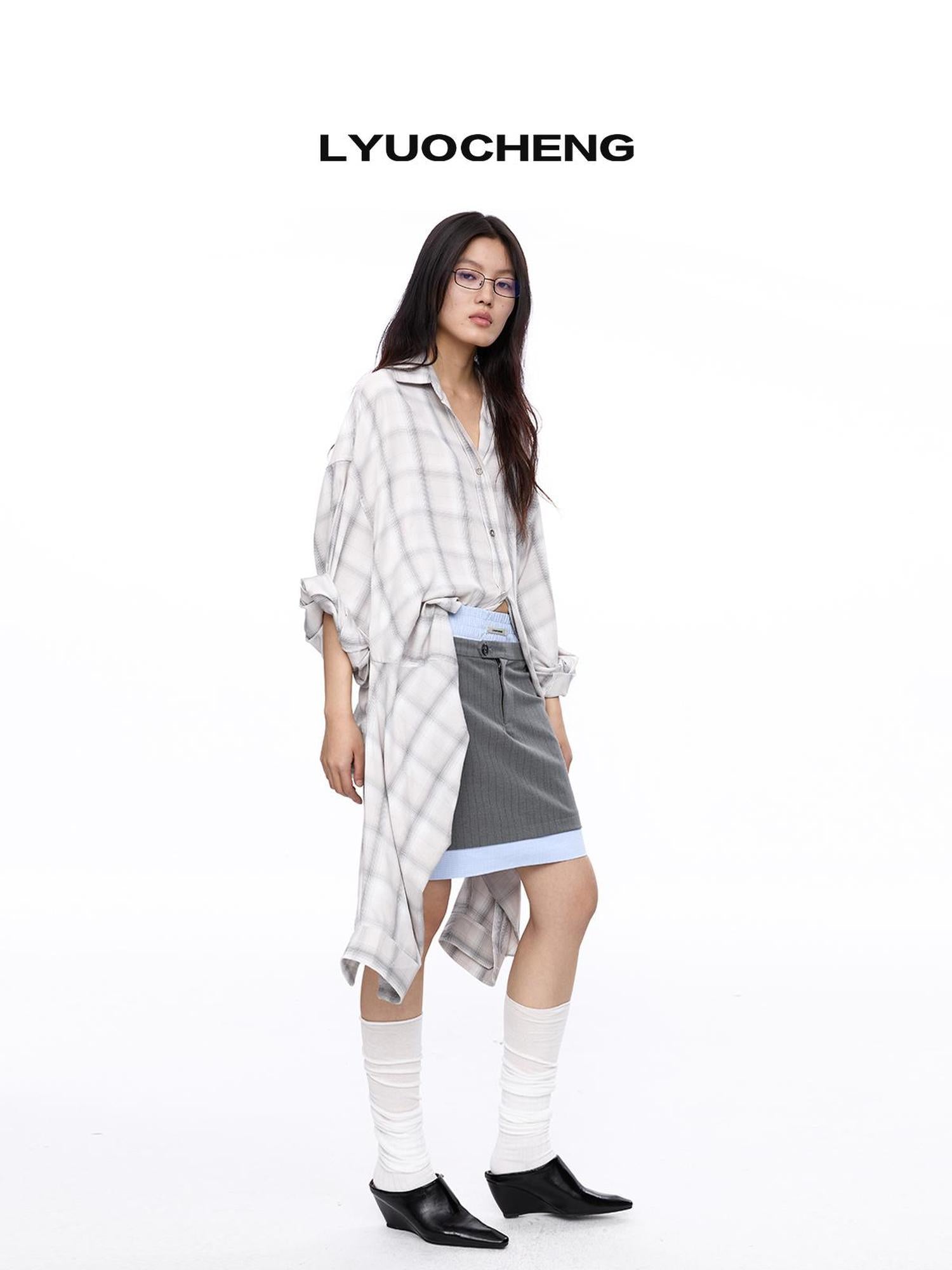 LYUOCHENG Double Collar Plaid Button Down Midi Shirt