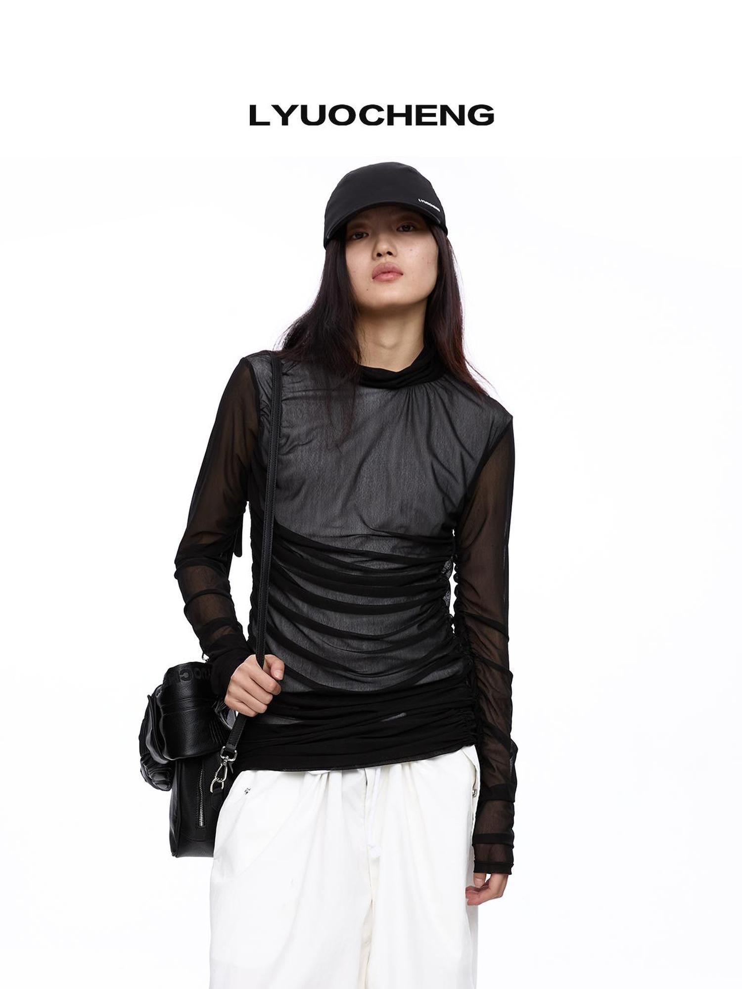 LYUOCHENG Double Layer Mesh Ruffle Top V-neck T-shirt Long Sleeve Blouse